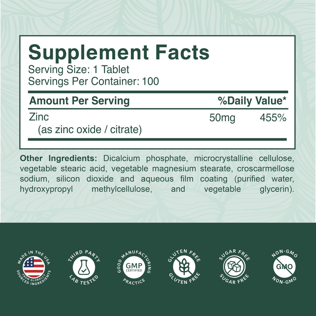PurePremium Zinc 50mg Supplements for Men & Women - GMP-Certified Immune Support, 100 Tablets