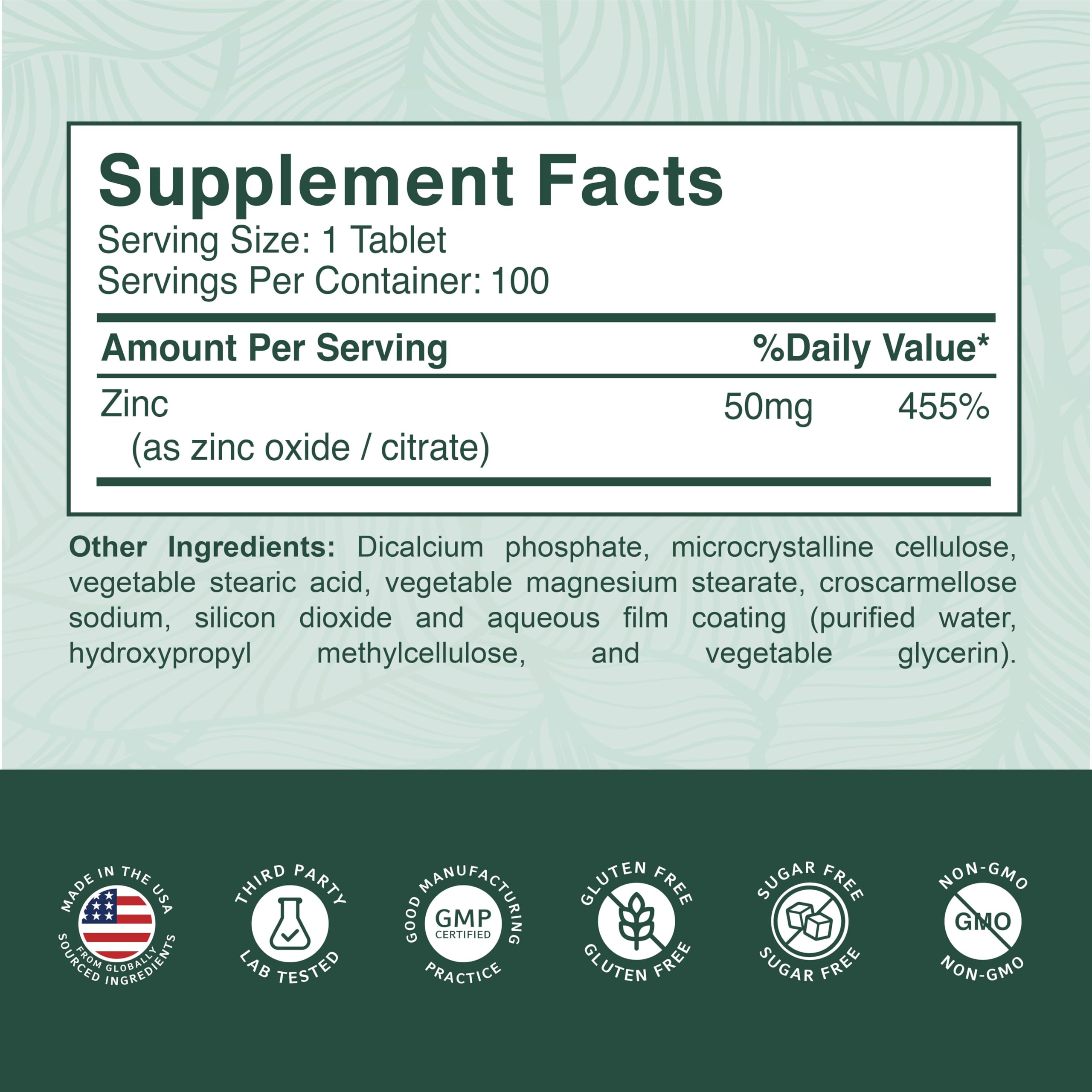 PurePremium Zinc 50mg Supplements for Men & Women - GMP-Certified Immune Support, 100 Tablets