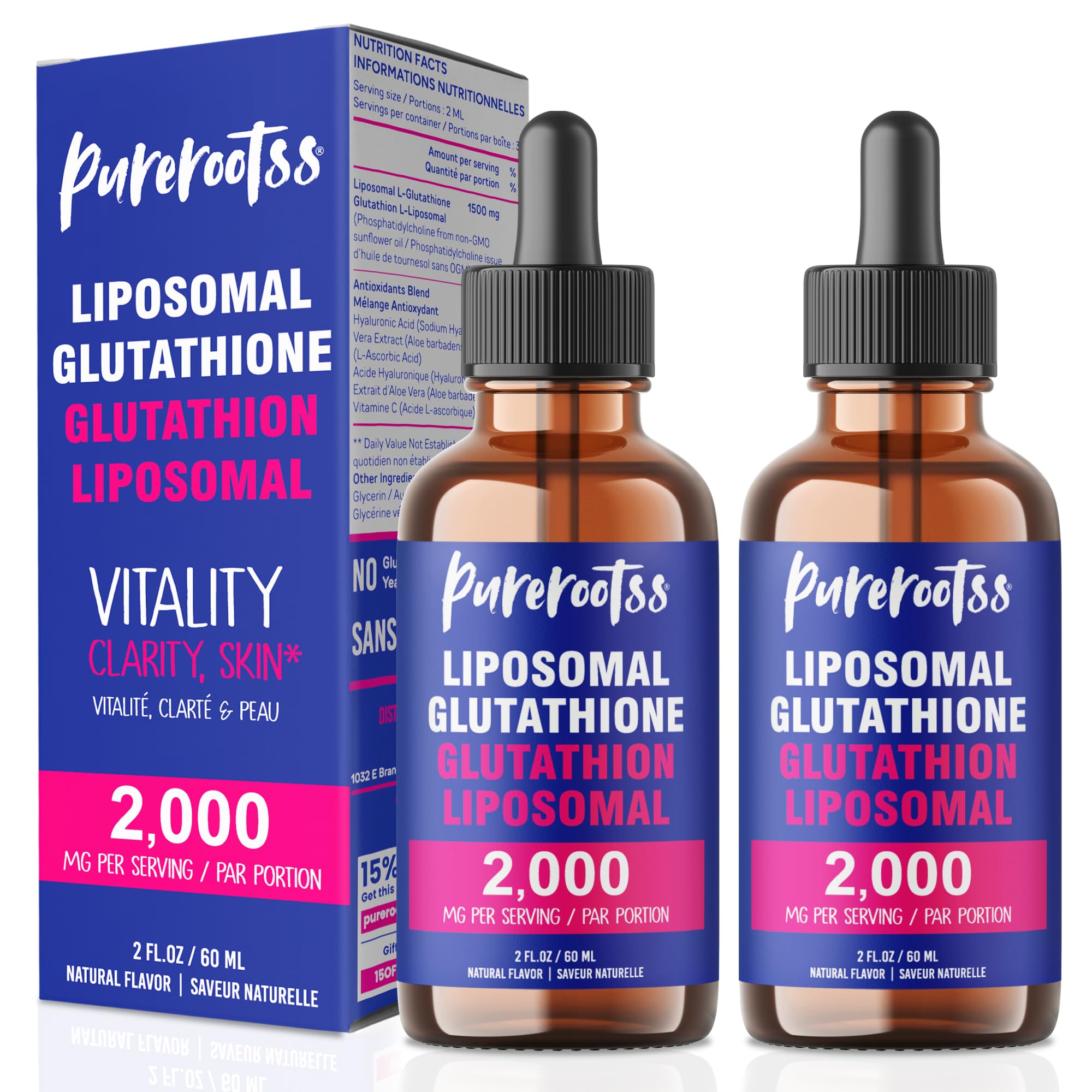 PureRootss Liposomal Glutathione Liquid Supplement (Pack of 2) – 98% Absorption, Vitamin C, 2 Fl Oz
