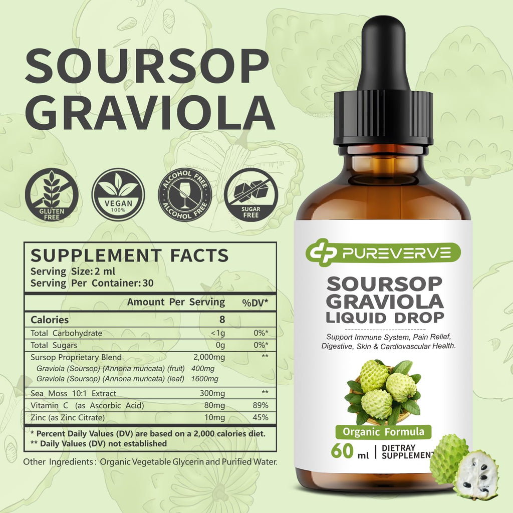 Purever Soursop Graviola Liquid Drop – Cell Support & Regeneration, Immune & Gut Health, Sugar/Gluten Free, 2 fl oz