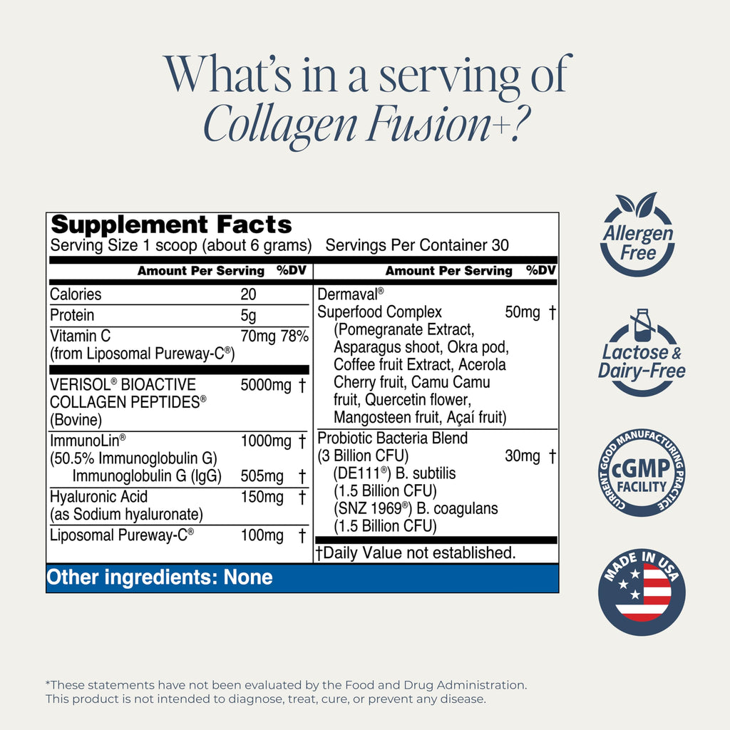 Collagen Fusion+ 7-in-1 Powder with VERISOL® & ImmunoLin® – Skin, Hair, Nails, Joints & Gut (Unflavored, 30 Servings)