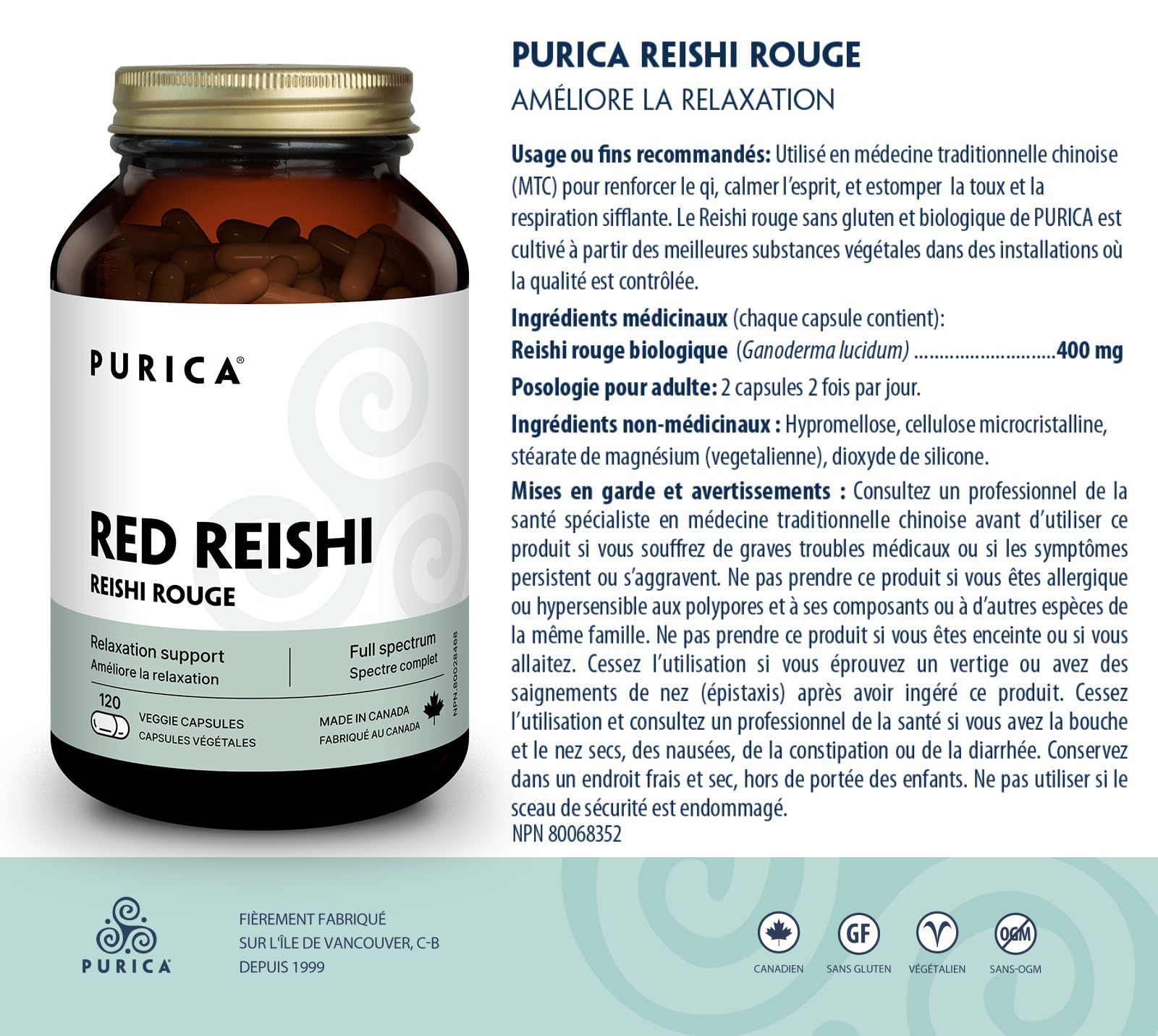 PURICA Red Reishi 120 CT | 400mg Reishi Mushroom Supplement