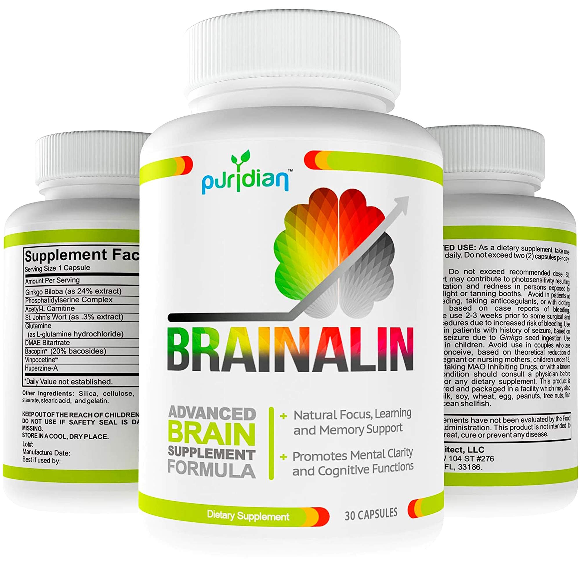 Puridian Brain Supplement for Memory, Focus & Concentration | Brainalin Nootropic Capsules | Non-GMO & Caffeine-Free