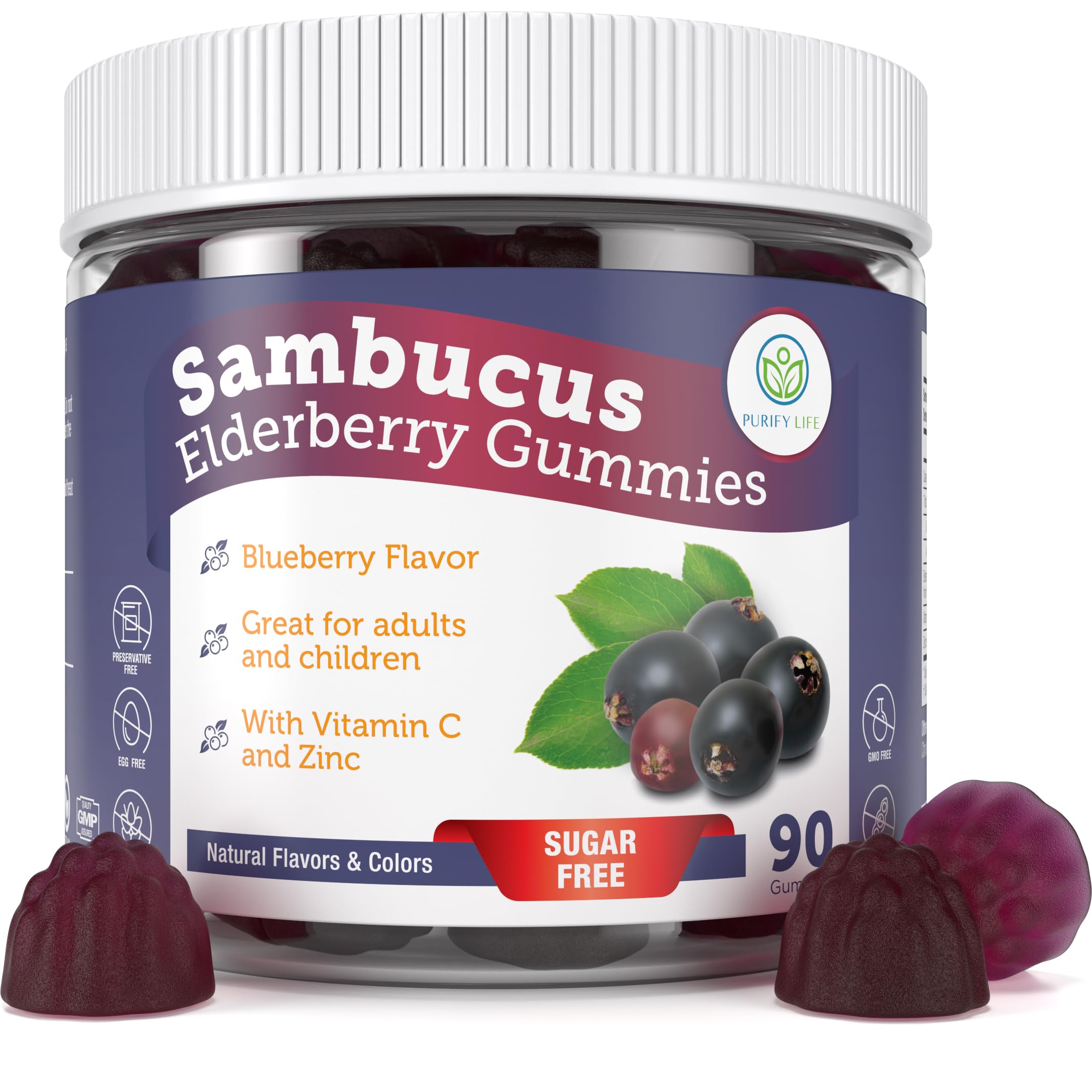 Purify Life Sugar-Free Elderberry Gummies – Vitamin C & Zinc, Vegan, 90 Count