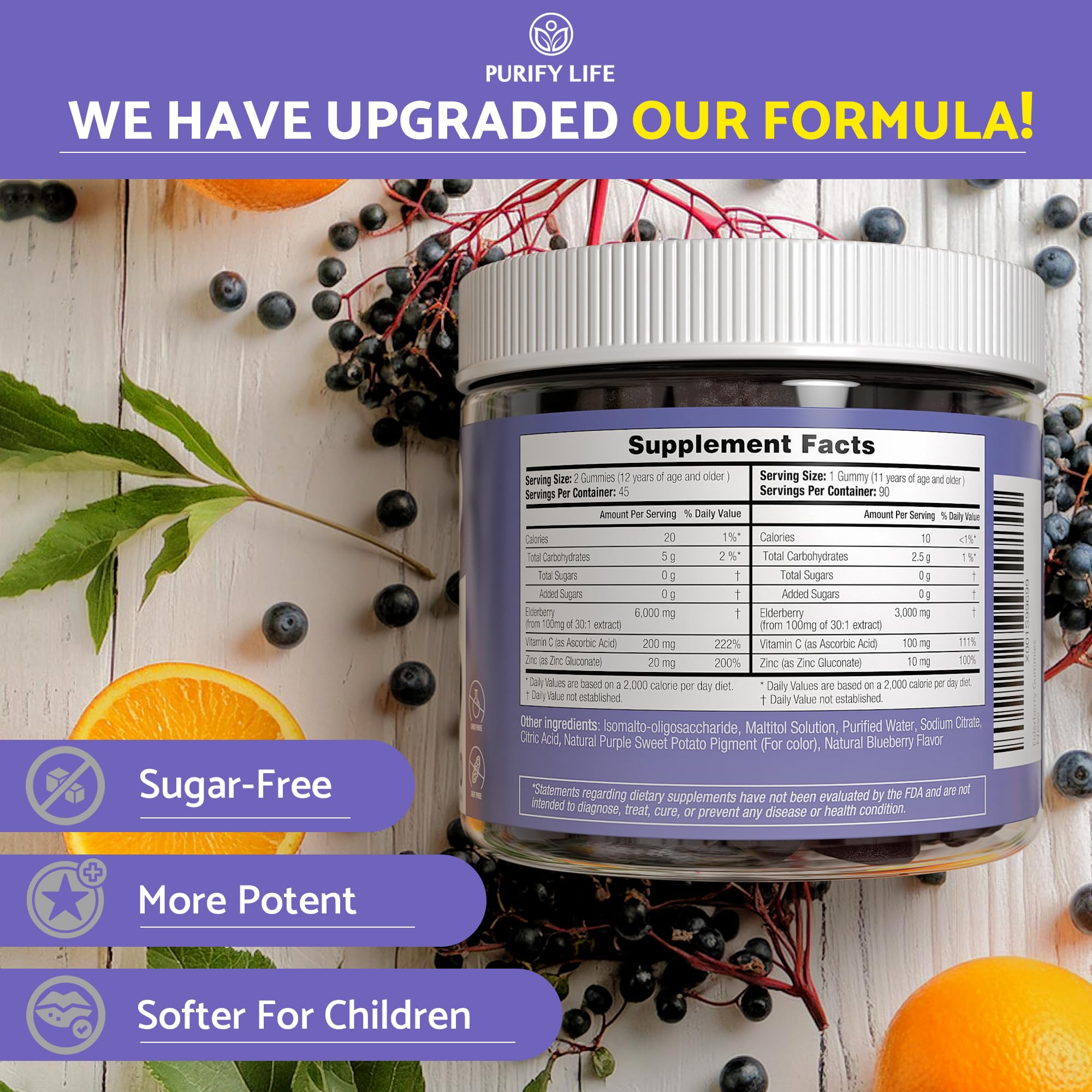 Purify Life Sugar-Free Elderberry Gummies – Vitamin C & Zinc, Vegan, 90 Count