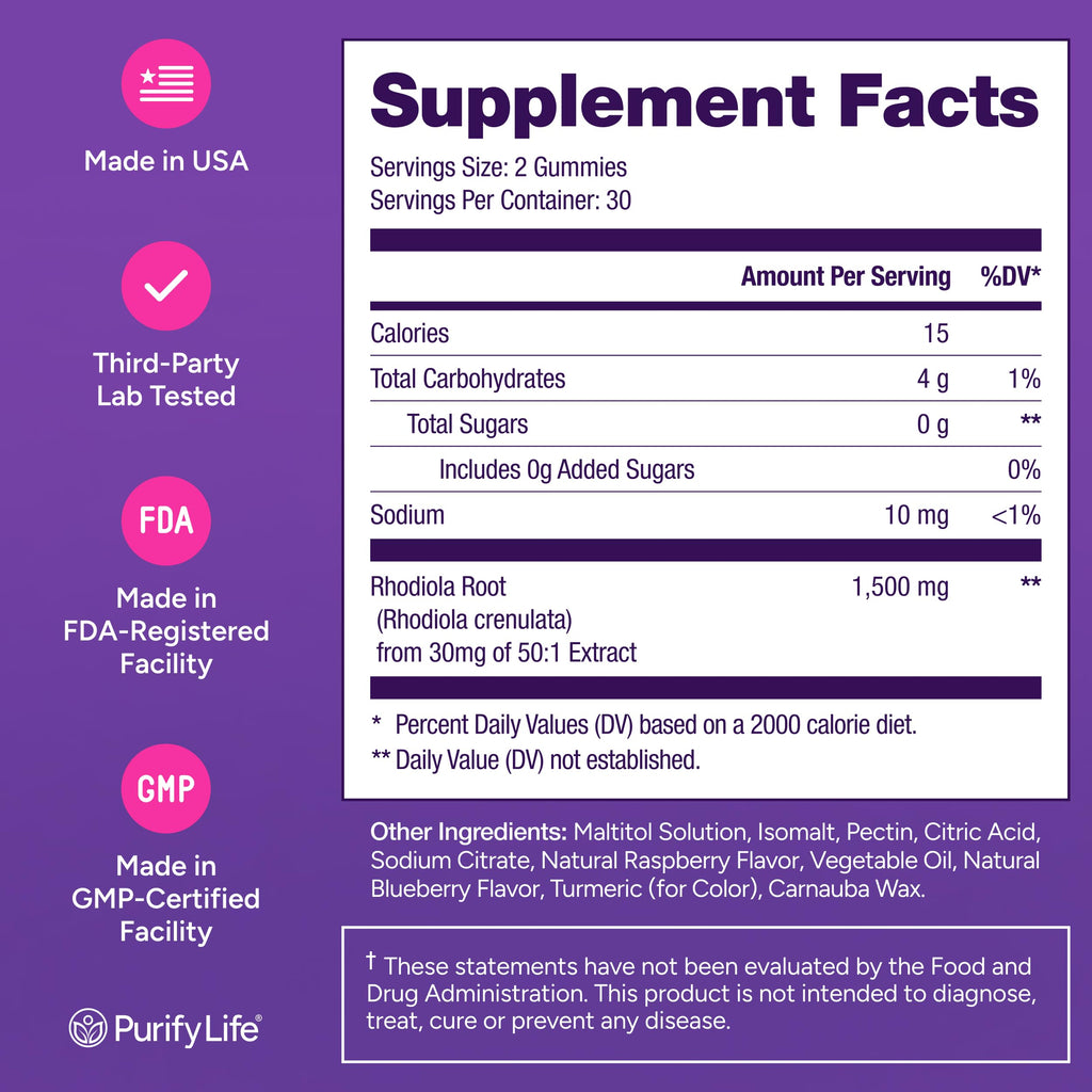 Purify Life Sugar-Free Rhodiola Rosea Gummies – 1500mg/Serving | Adrenal Support, Mood & Energy