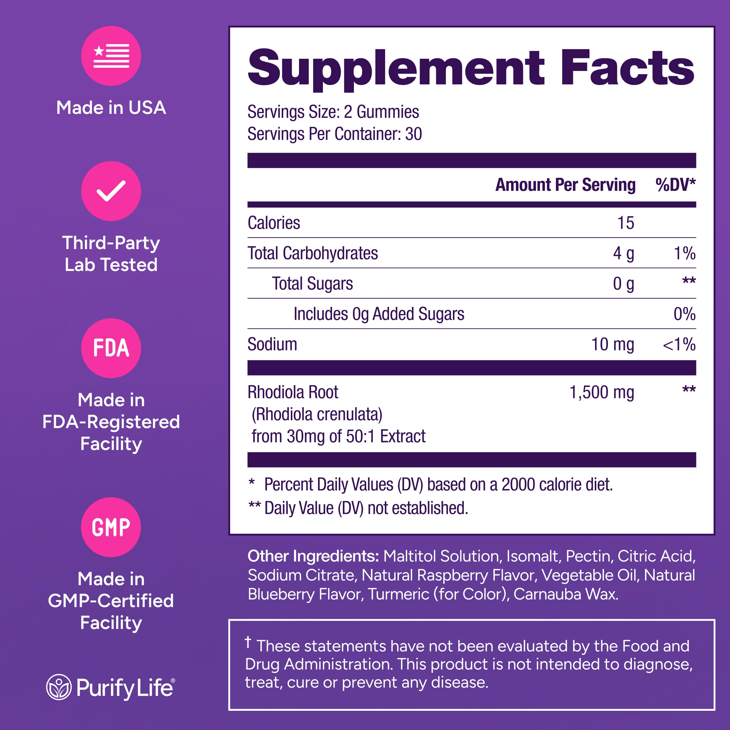 Purify Life Sugar-Free Rhodiola Rosea Gummies – 1500mg/Serving | Adrenal Support, Mood & Energy