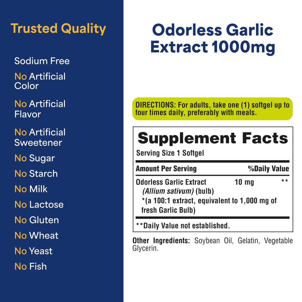 Puritan's Pride Odorless Garlic 1000mg Equivalent | Heart Health & Circulation | 250 Softgels 2-Pack