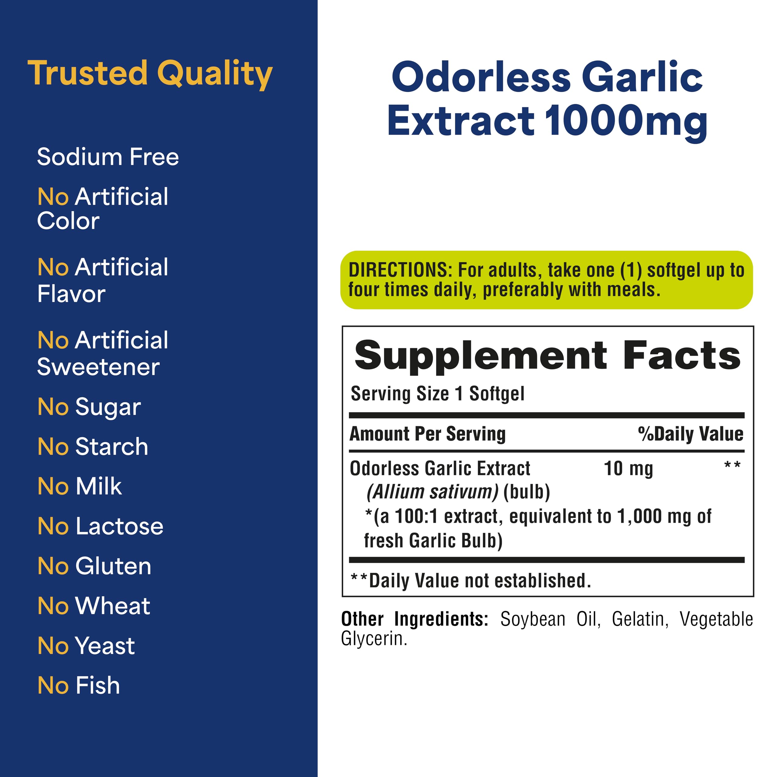 Puritan's Pride Odorless Garlic 1000mg Equivalent | Heart Health & Circulation | 250 Softgels 2-Pack
