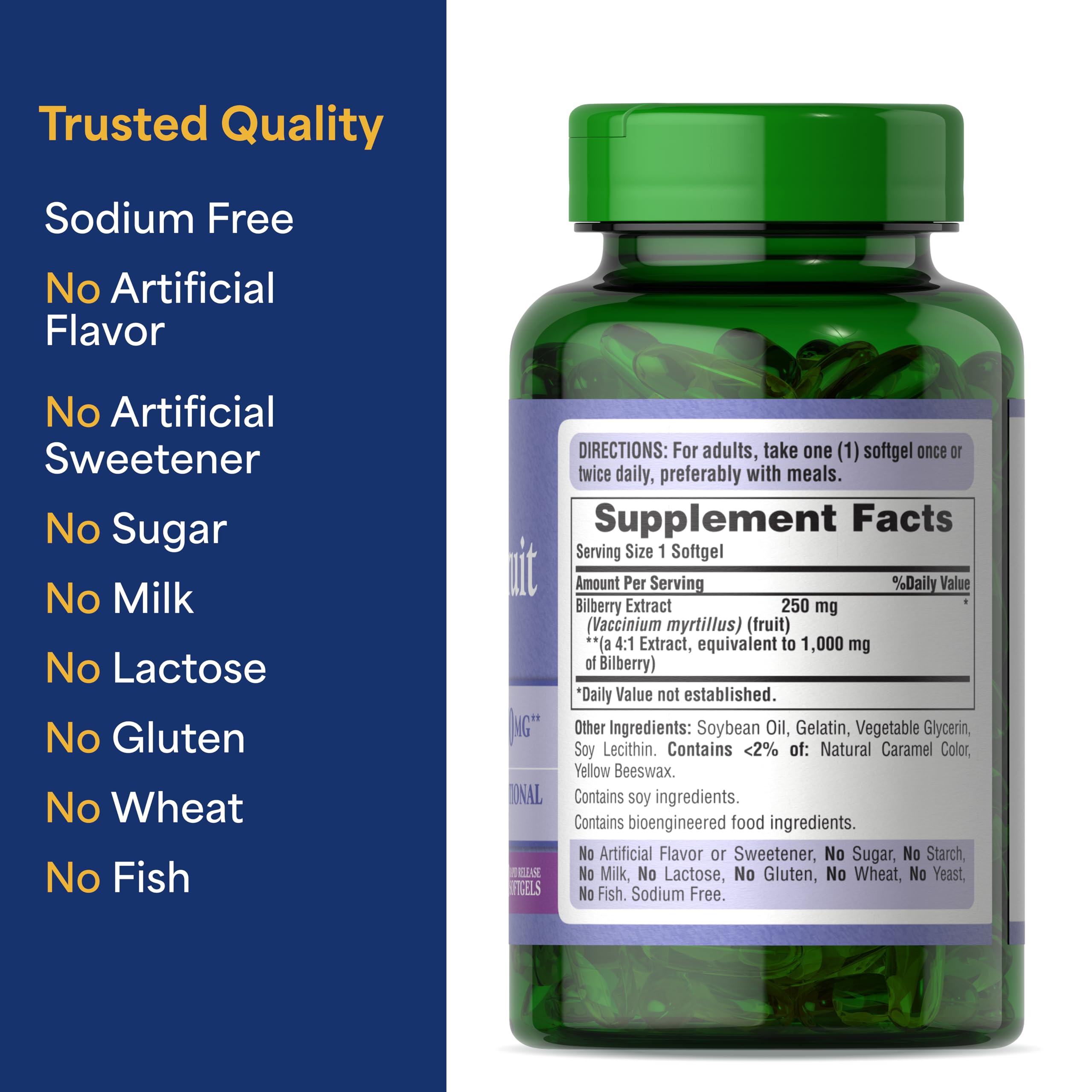 Puritan's Pride Bilberry Fruit Extract 4:1 250 mg (1000 mg) – 180-Count Softgel 2-Pack