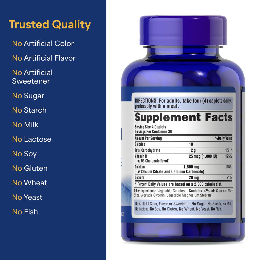 Puritan's Pride Calcium 1500 mg + Vitamin D3 1000 IU – 120 Coated Caplets