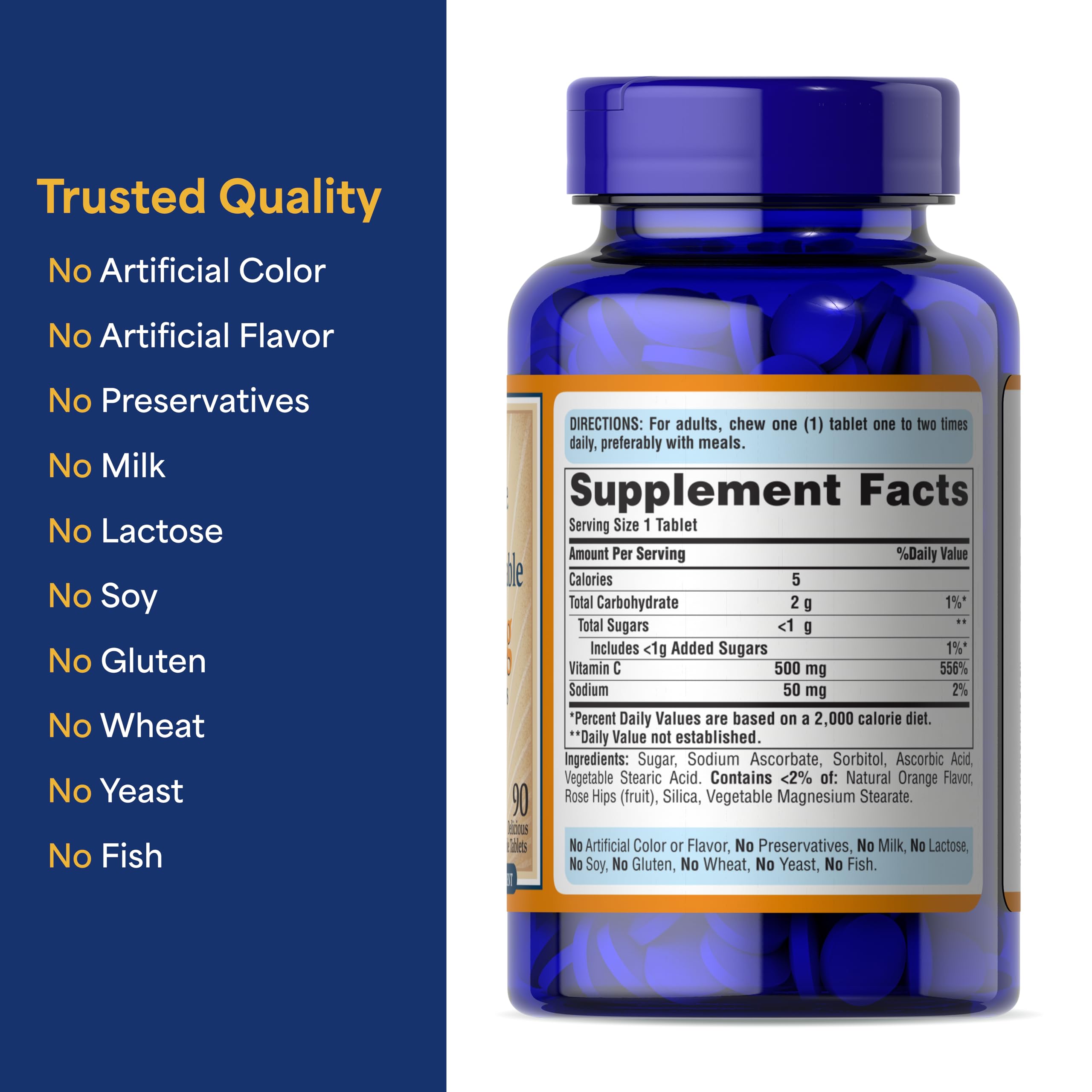 Puritan's Pride Chewable Vitamin C-500 mg with Rose Hips | Immune Support