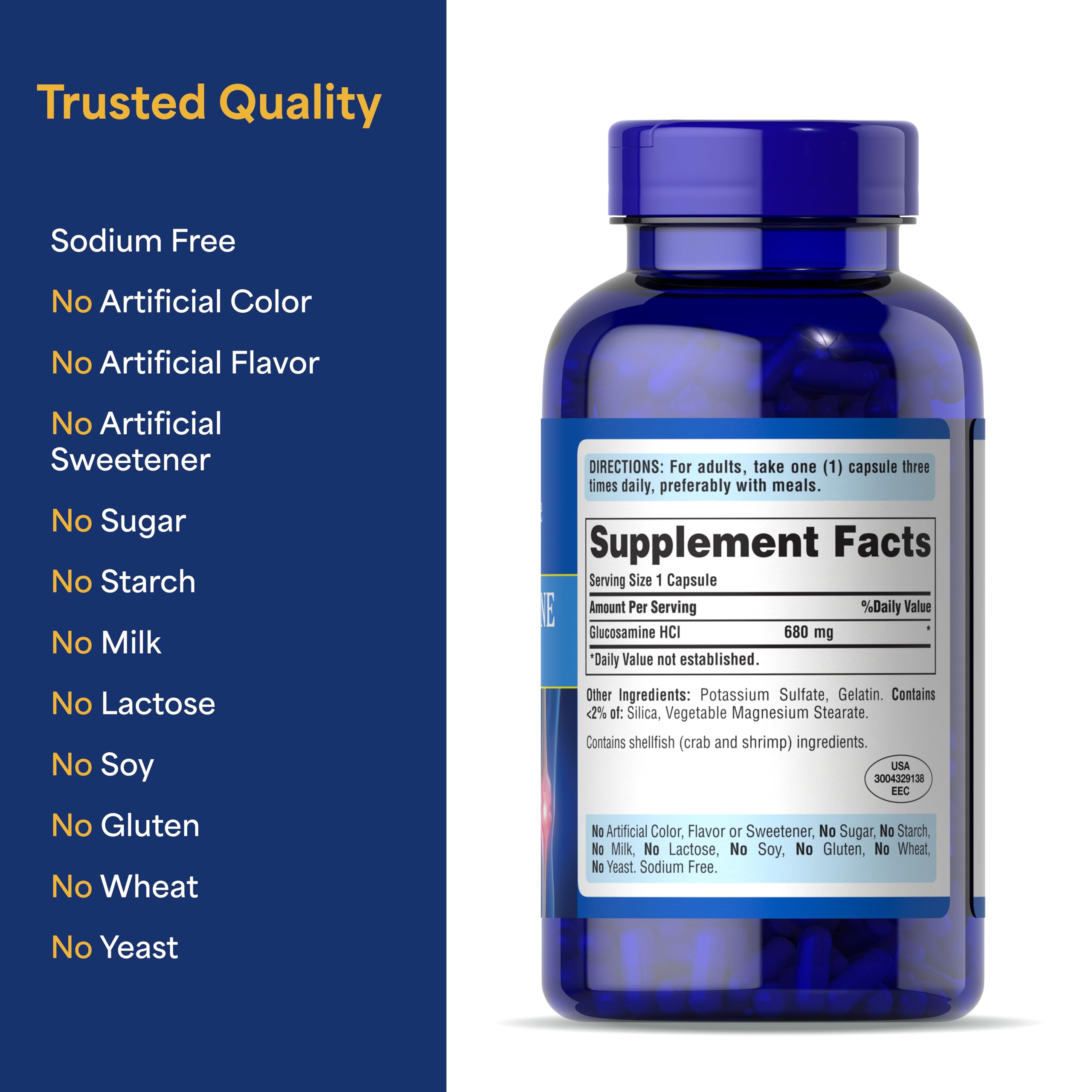 Puritan's Pride Glucosamine HCI 680mg - Joint Formula, 240 Capsules, 80-Day Supply (Men & Women)