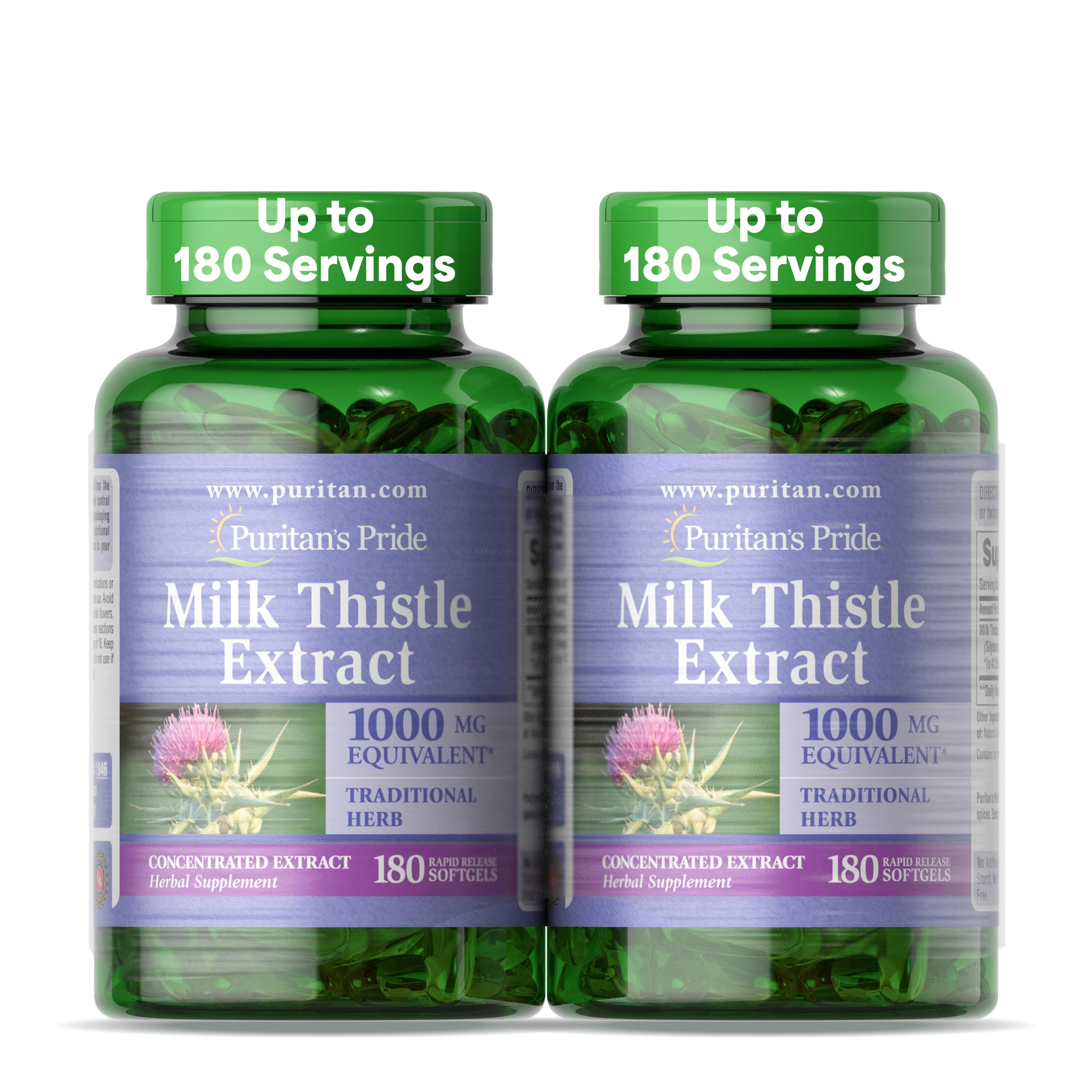 Puritan's Pride Milk Thistle Silymarin 4:1 Extract 200mg (1000mg Equivalent) – 6-Month Liver Support, 180 Softgels per Bottle, 2-Pack