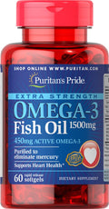Puritans Pride Omega-3 Fish Oil 1500 mg | 450 mg EPA/DHA Softgels, 60 ct