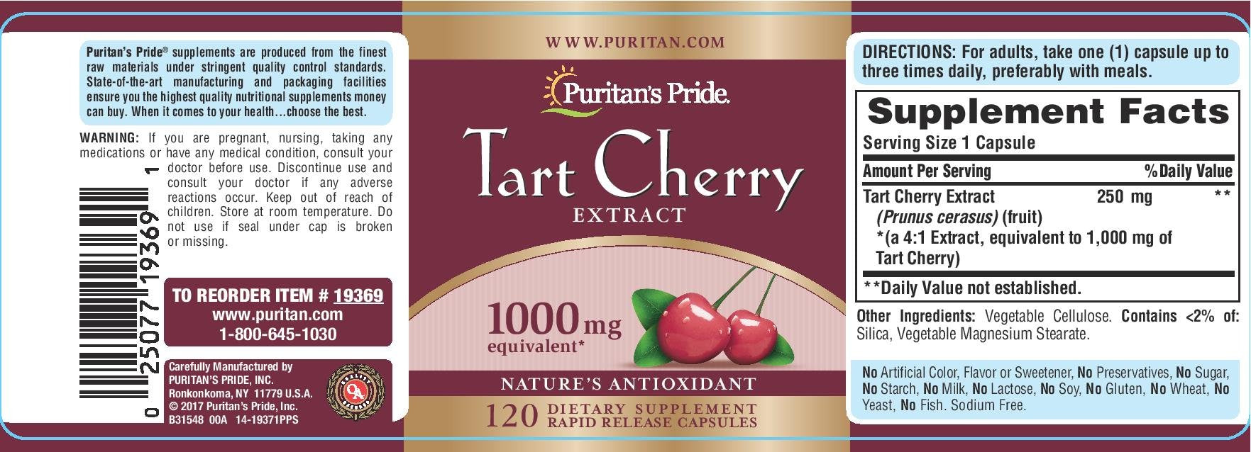 Puritans Pride Tart Cherry Extract 1000 Mg – 120 Count Capsules