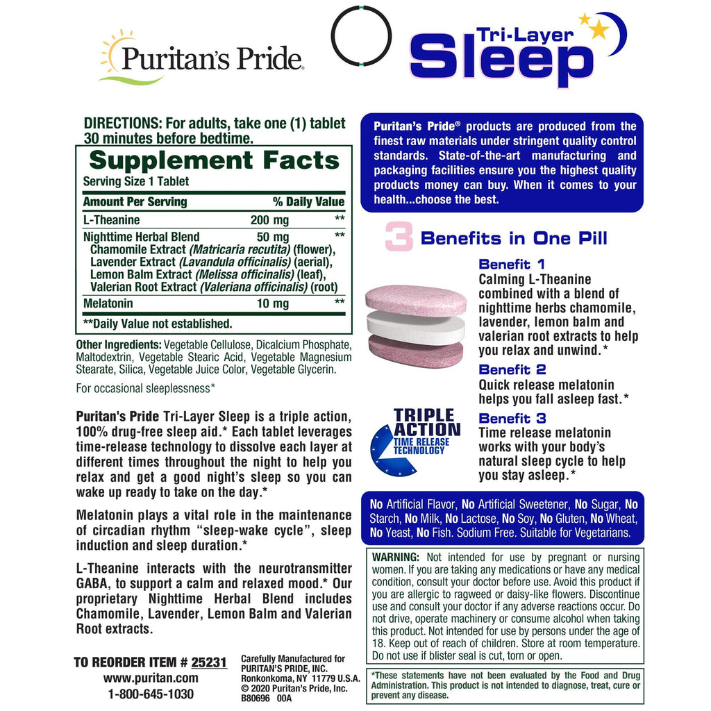 Puritan's Pride Tri-Layered Sleep Tablets, 30 Count