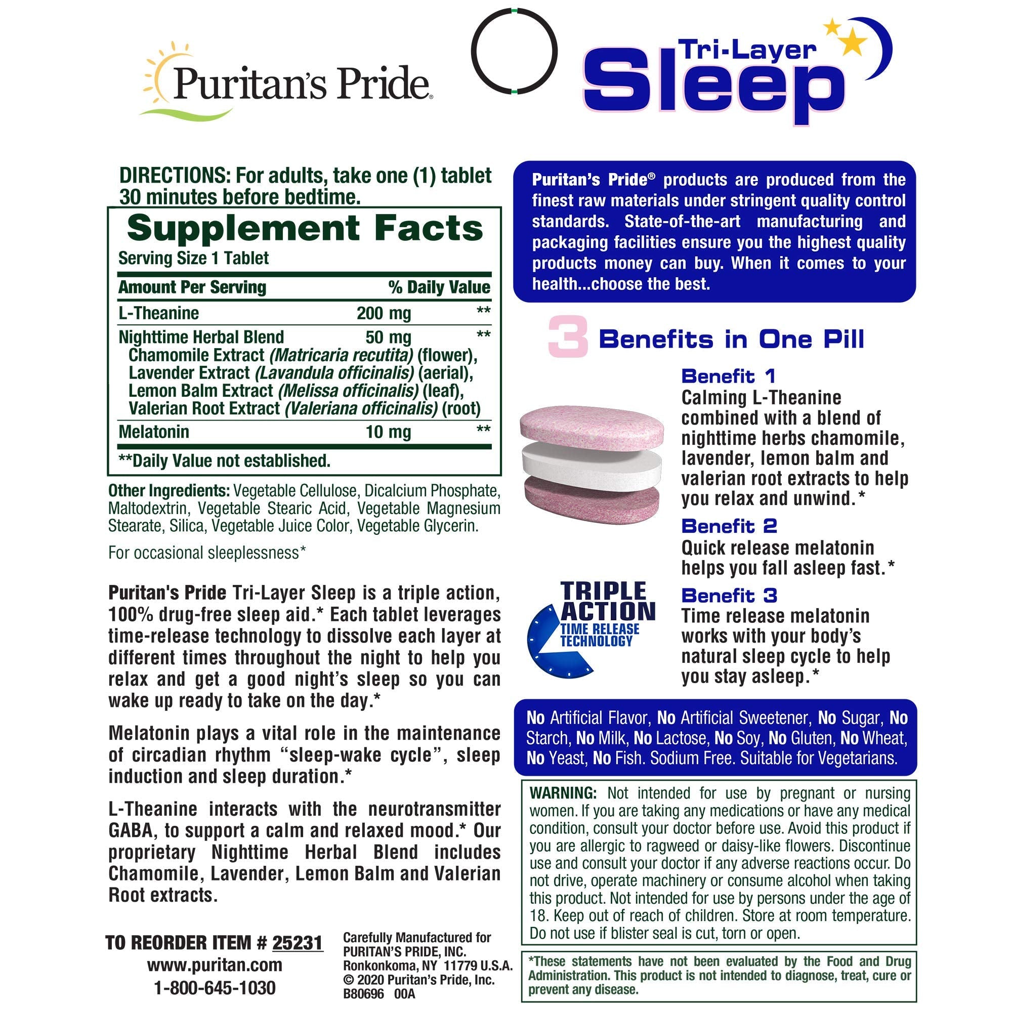 Puritan's Pride Tri-Layered Sleep Tablets, 30 Count