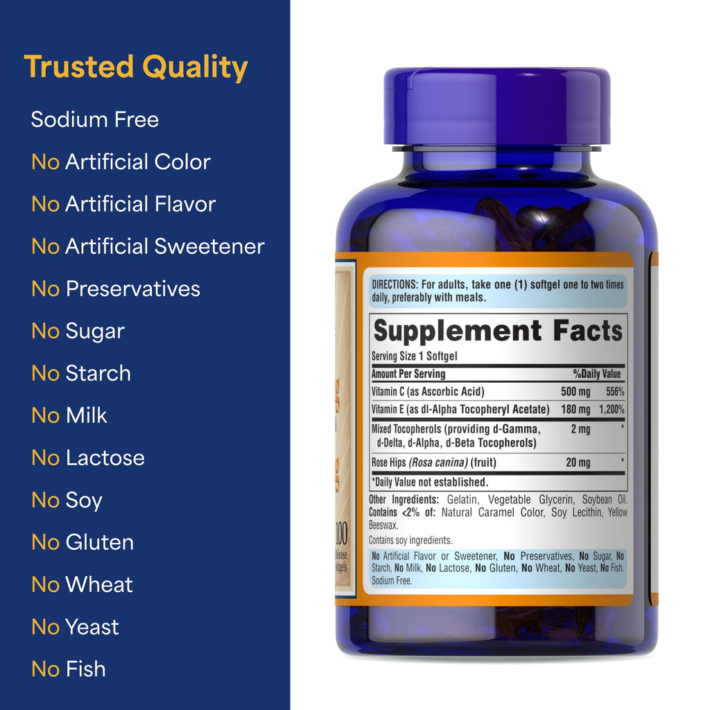 Puritan's Pride Vitamin C-500mg with Rose HIPS & Vitamin E-400 | 100 Softgels