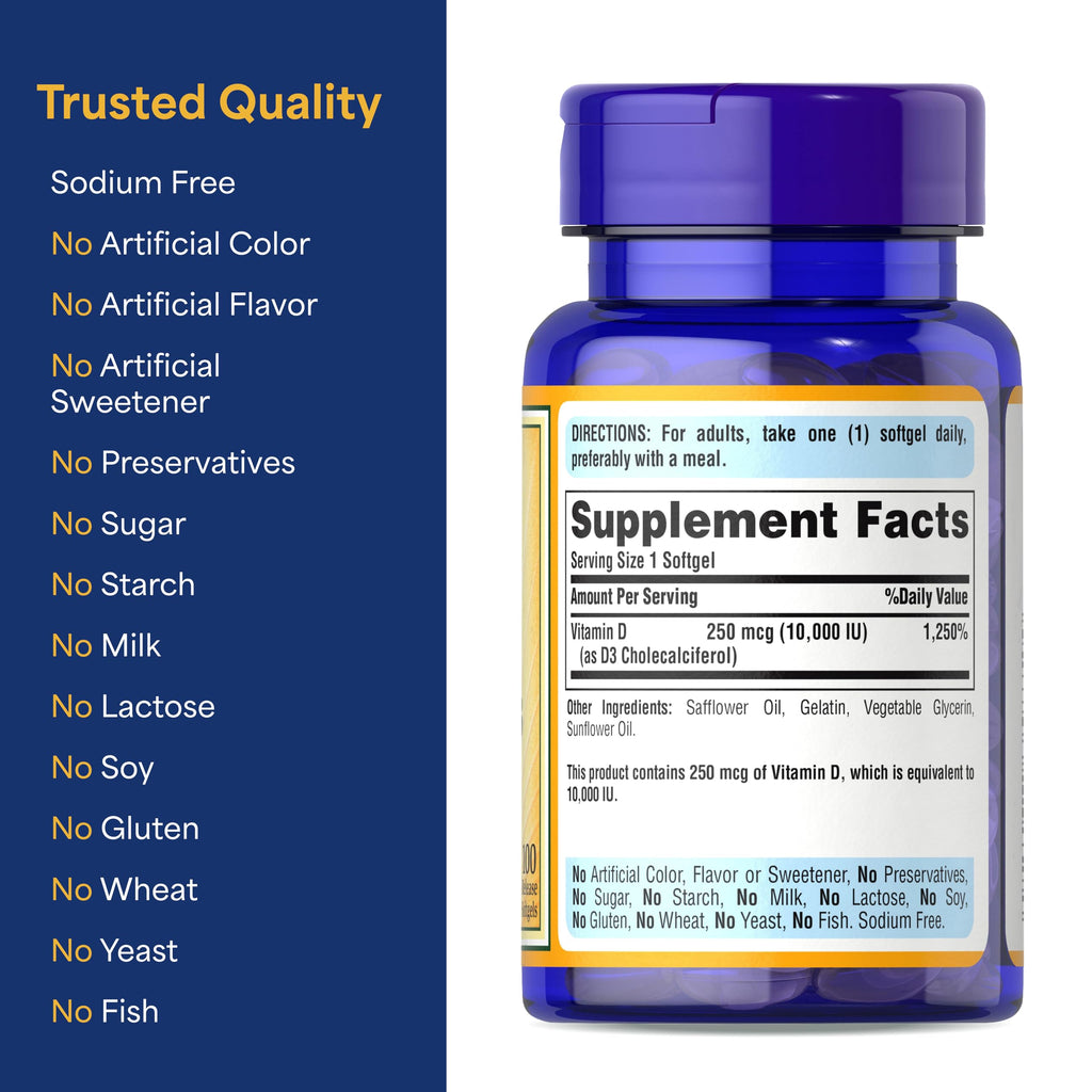 Puritan's Pride Vitamin D3 10,000 IU – 2-Pack (200 Softgels) – Immune & Bone Support