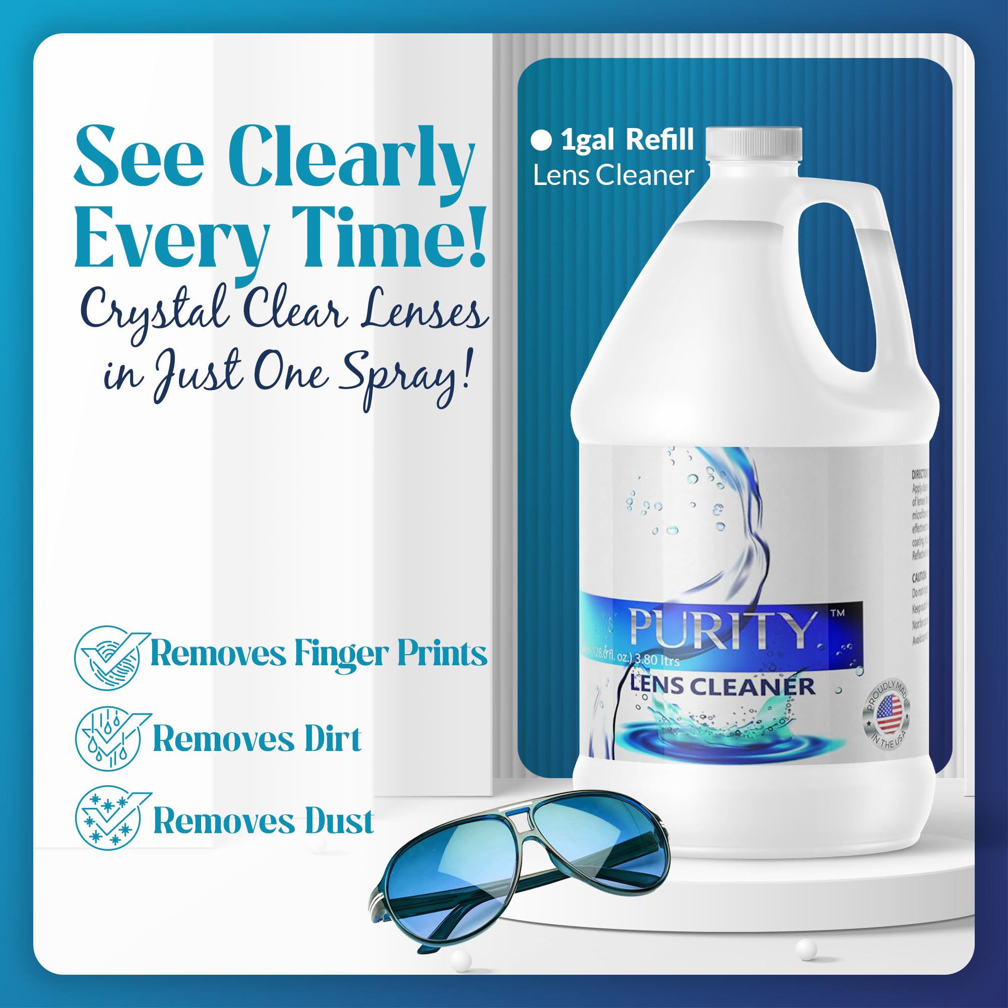 Purity Eye Glasses Lens Cleaner - 1gal Refill | Safe for All Lenses, AR Coated Included | Made in USA