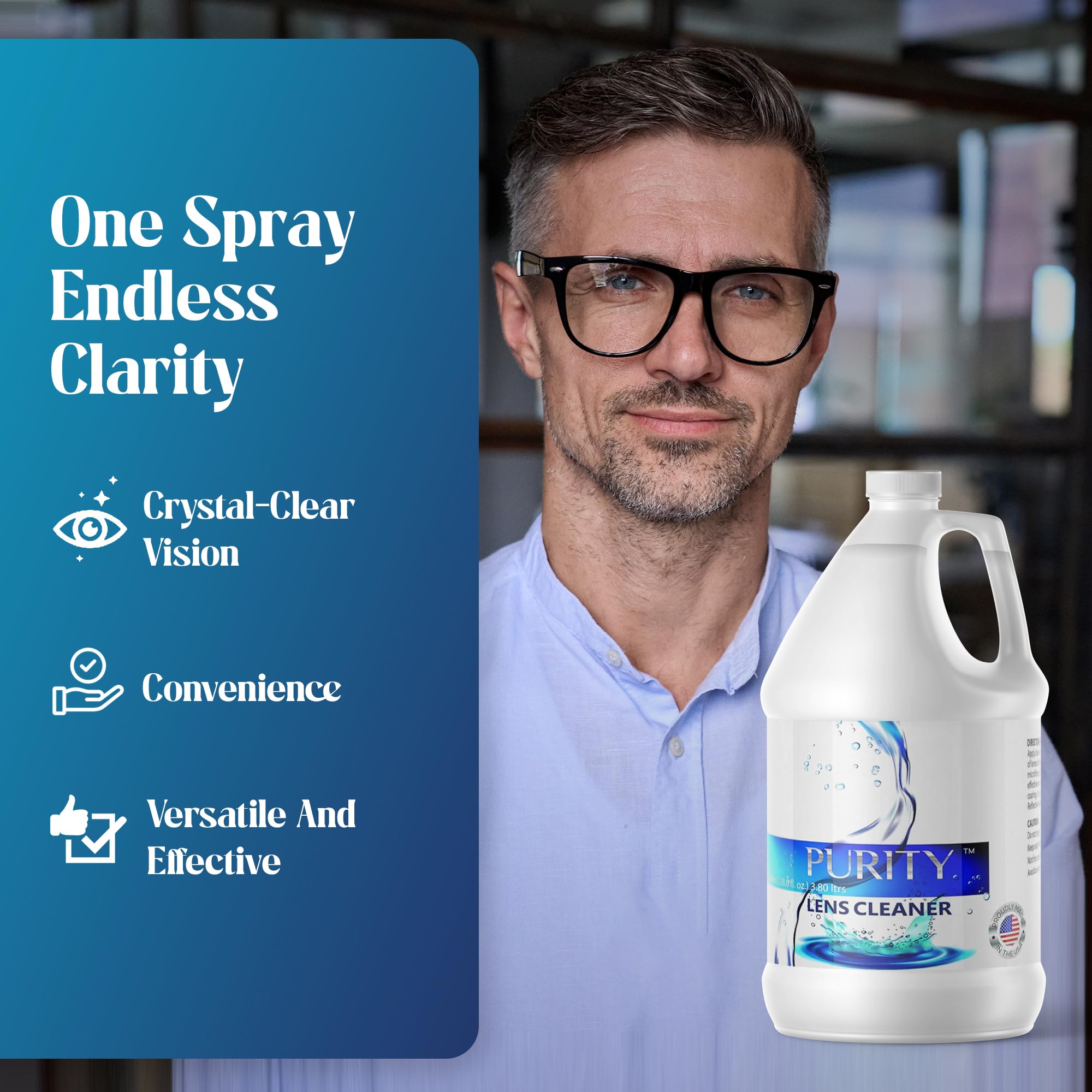 Purity Eye Glasses Lens Cleaner - 1gal Refill | Safe for All Lenses, AR Coated Included | Made in USA