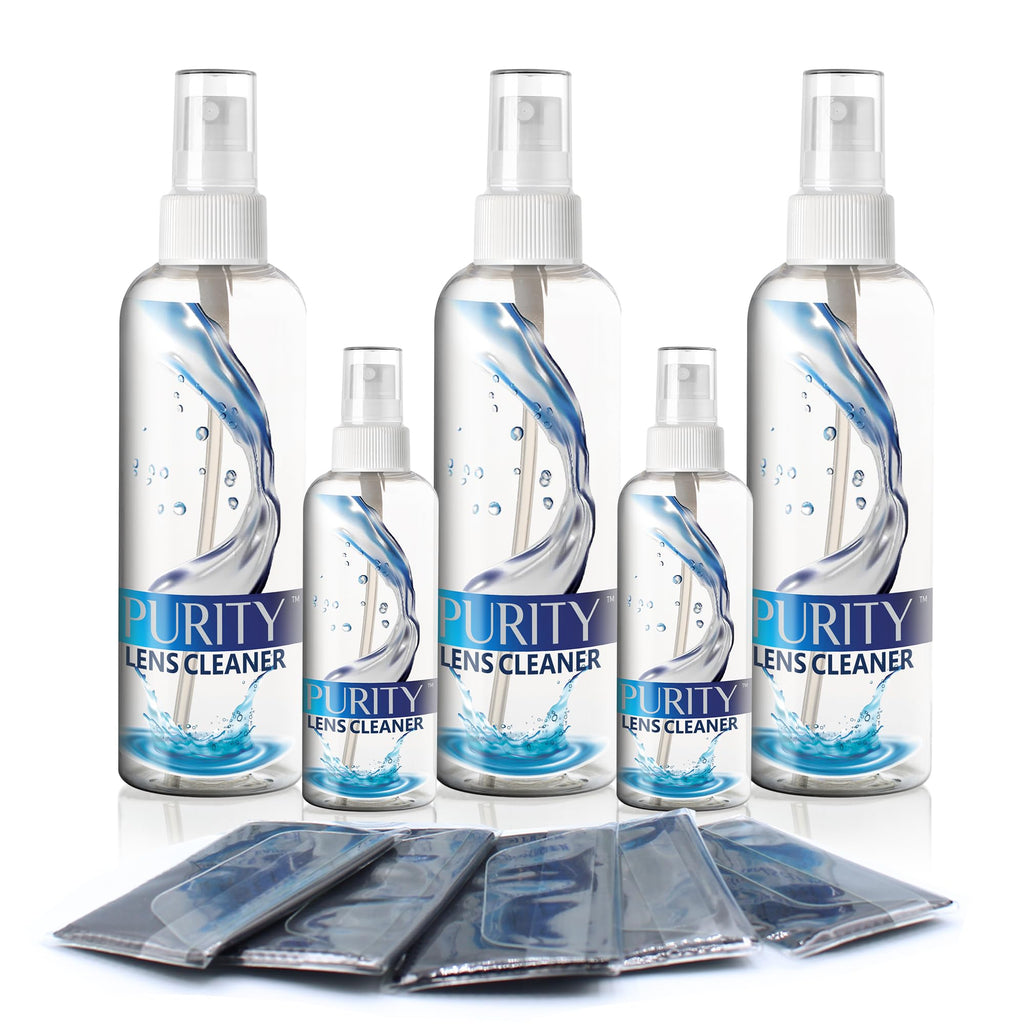 Purity Eyeglass Cleaner Mega Pack - Multi-Size Kit (2x2oz + 3x8oz) + 5 Cloths