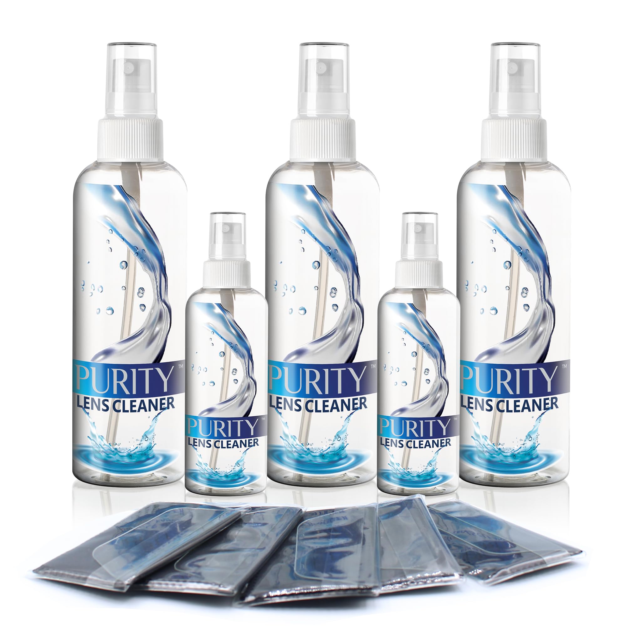 Purity Eyeglass Cleaner Mega Pack - Multi-Size Kit (2x2oz + 3x8oz) + 5 Cloths