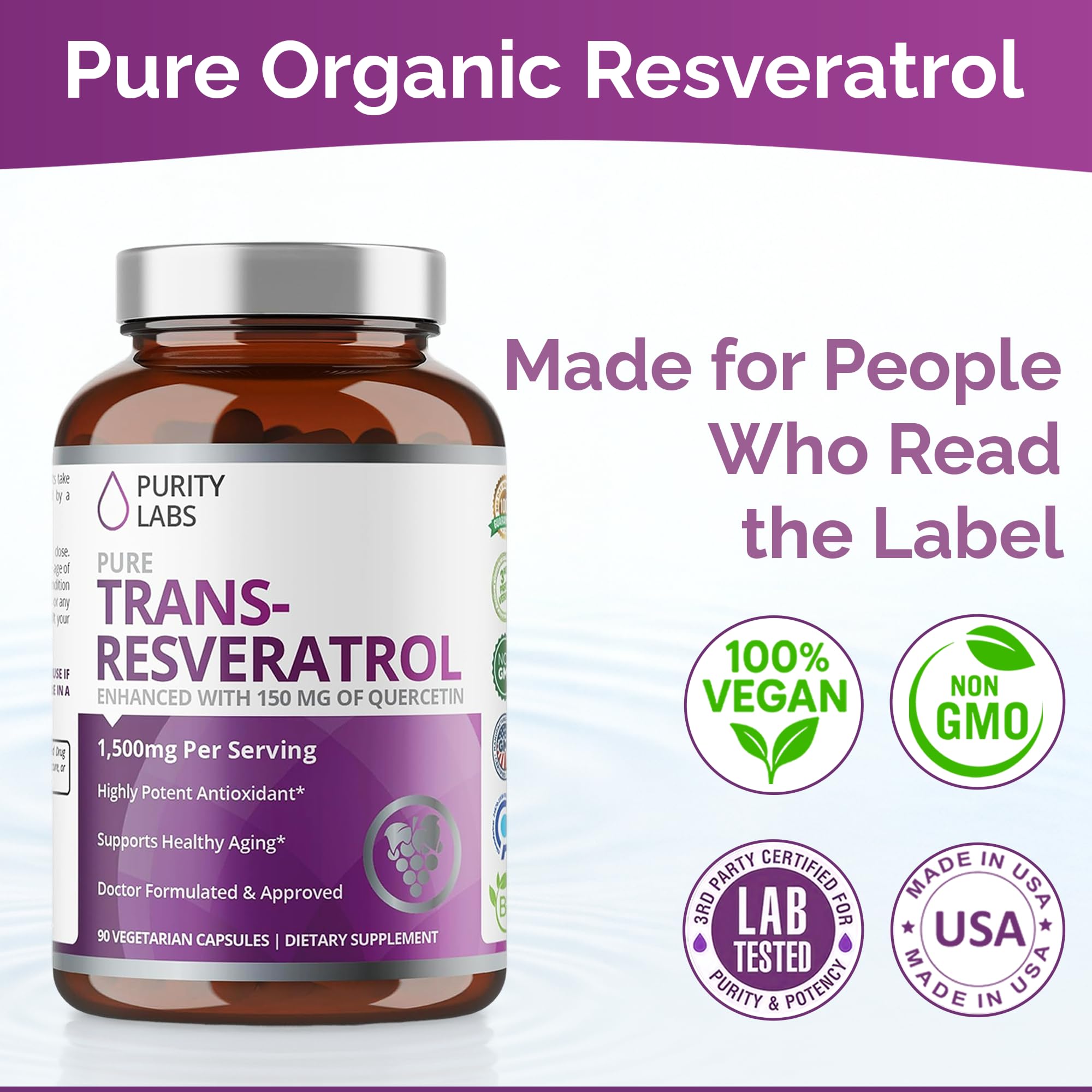 Purity Labs Trans-Resveratrol with Quercetin – Pure Organic Vegan Antioxidant (90 Caps)