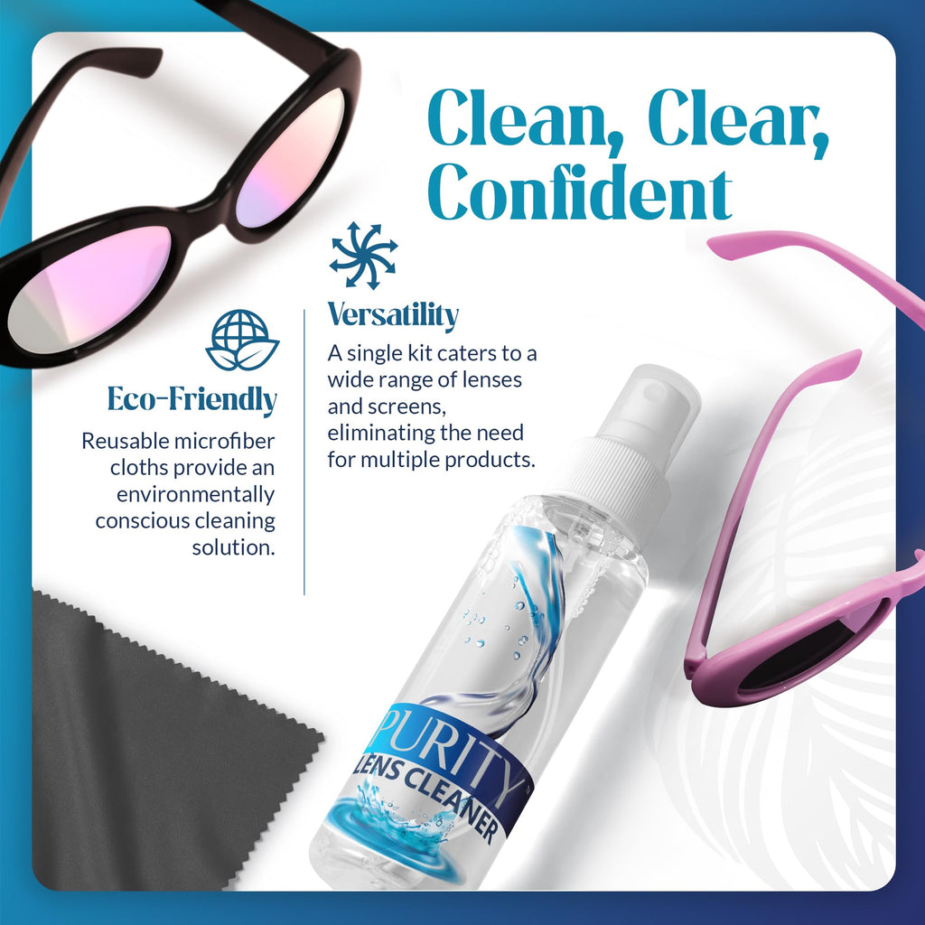 Purity Eyeglass Lens Cleaner Kit - 2x8oz + 1x2oz Spray, 2 Microfiber Cloths