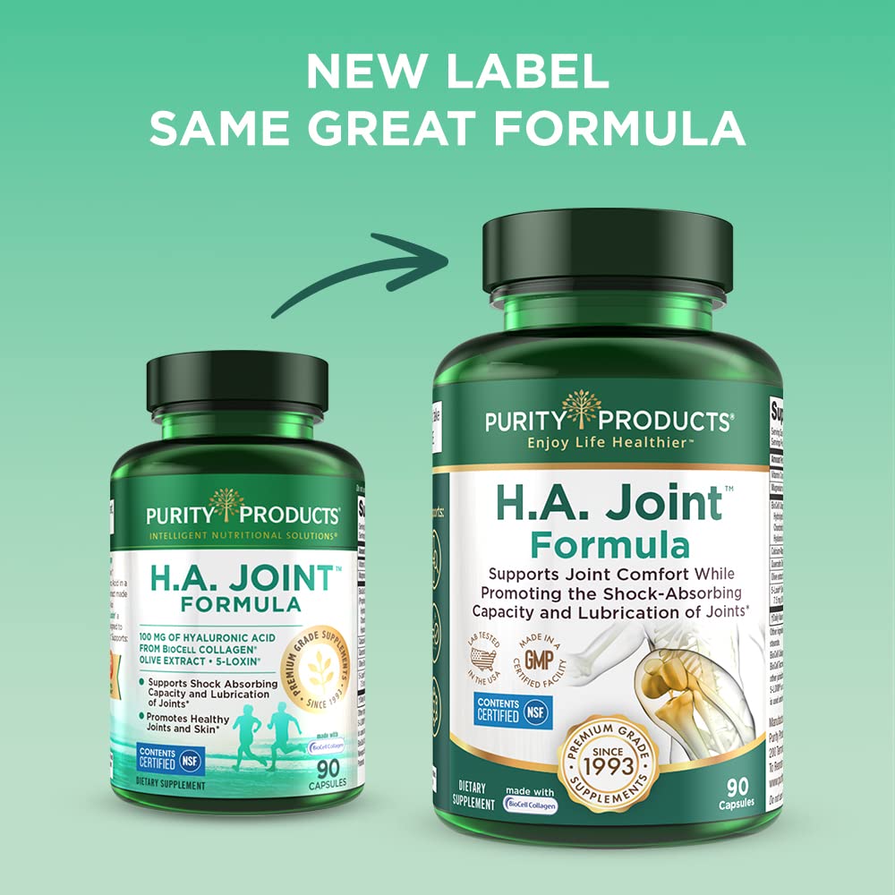 Purity Products HA Joint Formula – Hyaluronic Acid + BioCell Collagen, 5-Loxin & Olive Fruit Extract, 90 Capsules