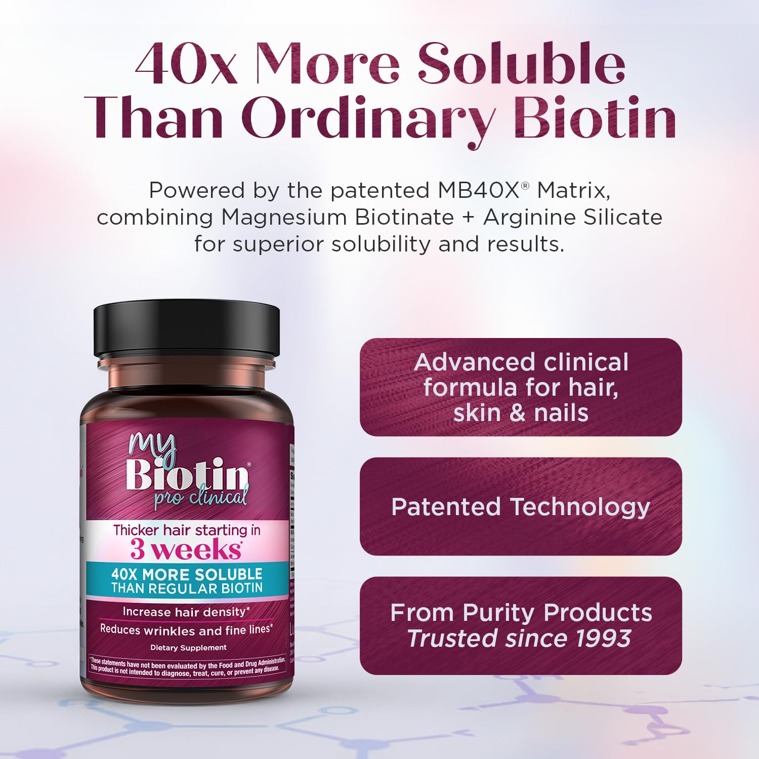 Purity Products MyBiotin ProClinical MB40X – Thicker Hair in 3 Weeks, Smoother Skin, 90 Veg Capsules