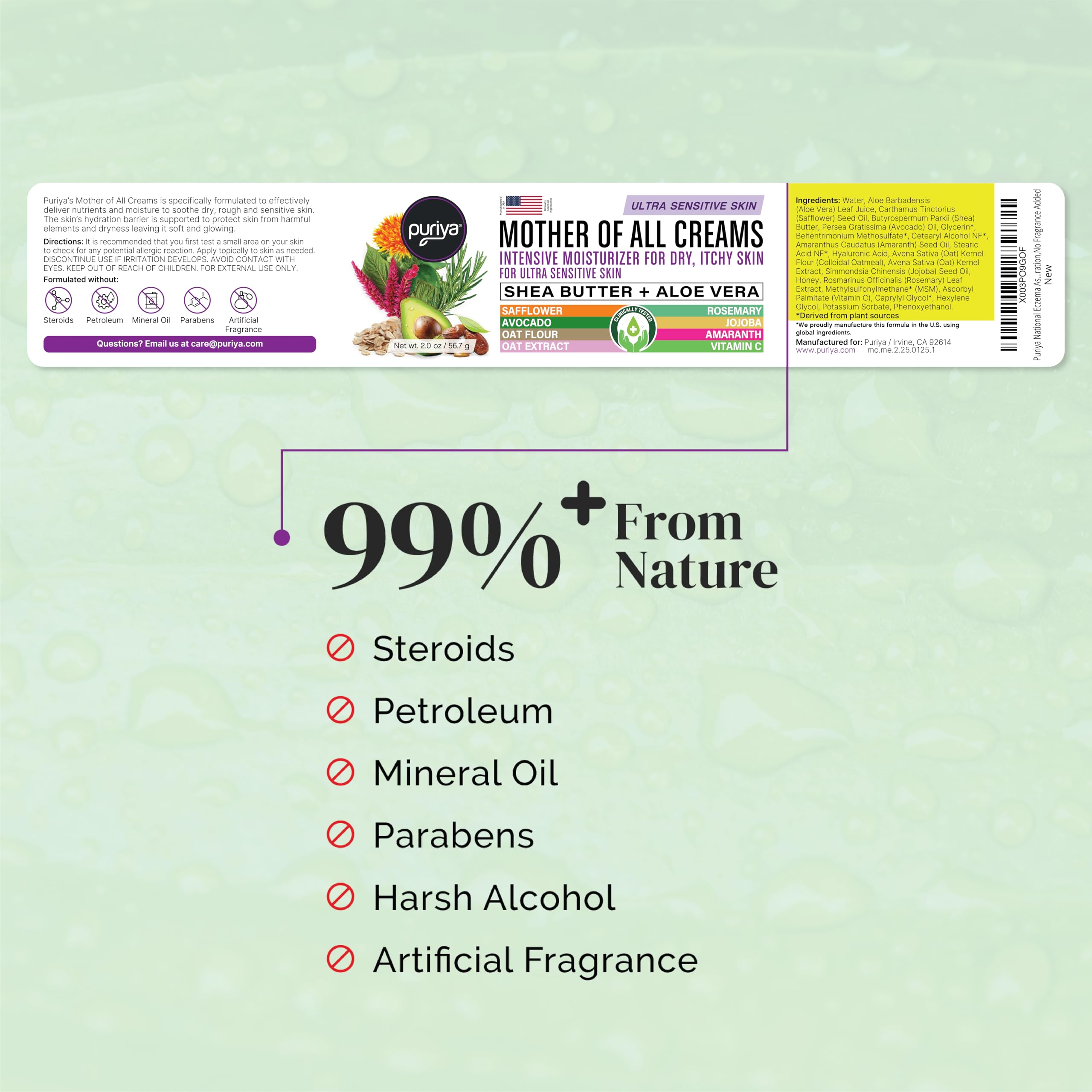 Puriya National Eczema Association Accepted Cream — 2 oz, Fragrance-Free, Plant-Based Hydration