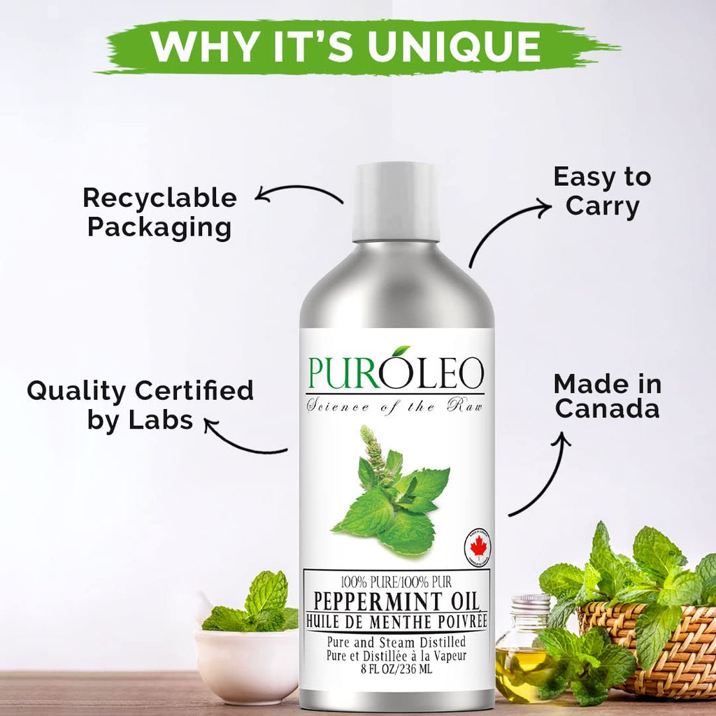 PURÓLEO Peppermint Essential Oil – Pure & Undiluted, 8 oz (Canada Pack)