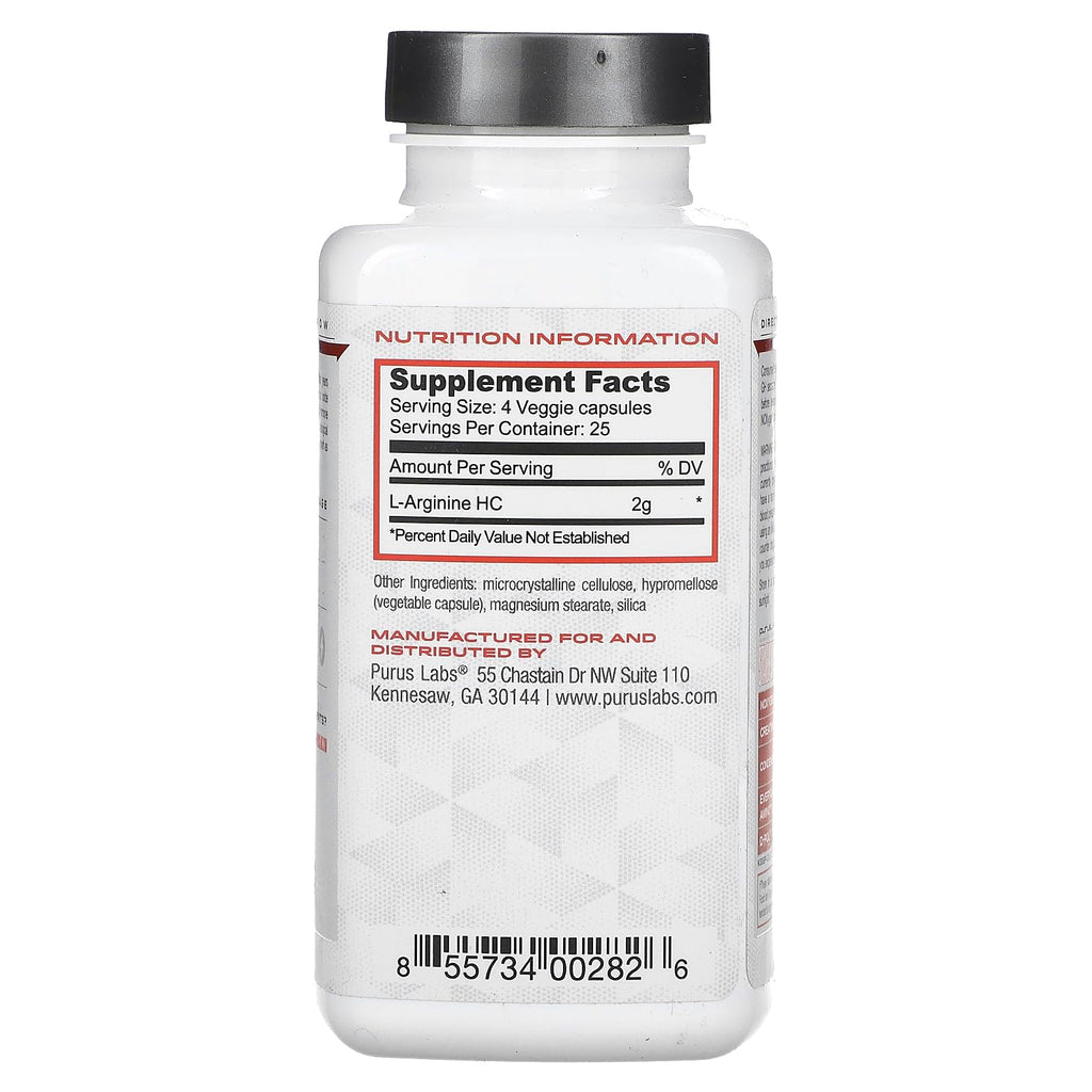 Purus Labs L-Arginine Active Amino Acid | Endurance, Pumps, & Muscle Growth | Nitric Oxide for Increased Blood Flow | 25 Servings, 100 Veggie Capsules