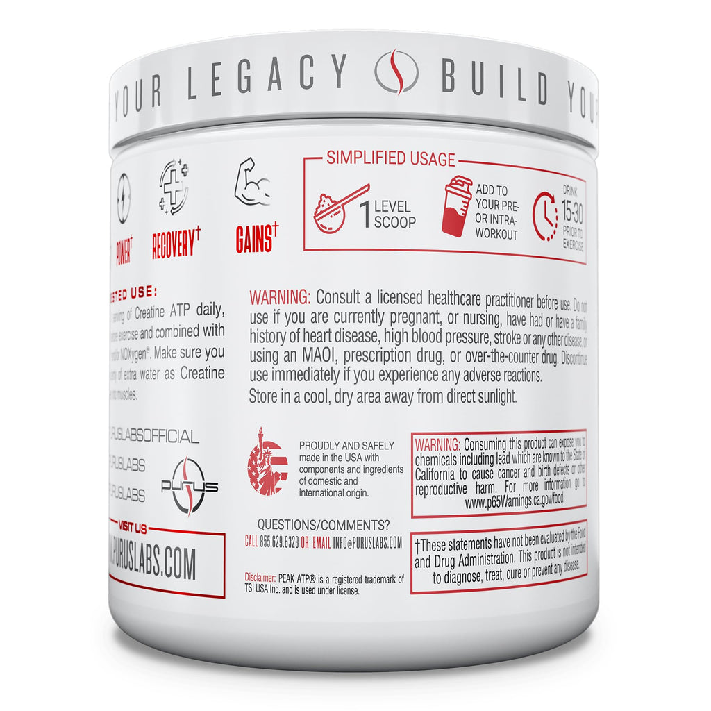 Purus Labs Creatine ATP, Peak ATP + Creatine Monohydrate, Unflavored - 30 Servings - Muscle Activation & Cellular Energy