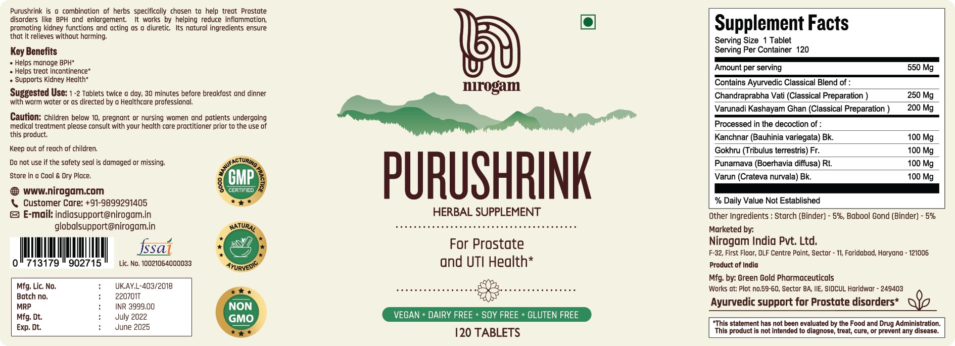 Purushrink Prostate Health for Men | Ayurvedic Urinary & Sleep Support | Nirogam 120 Tablets