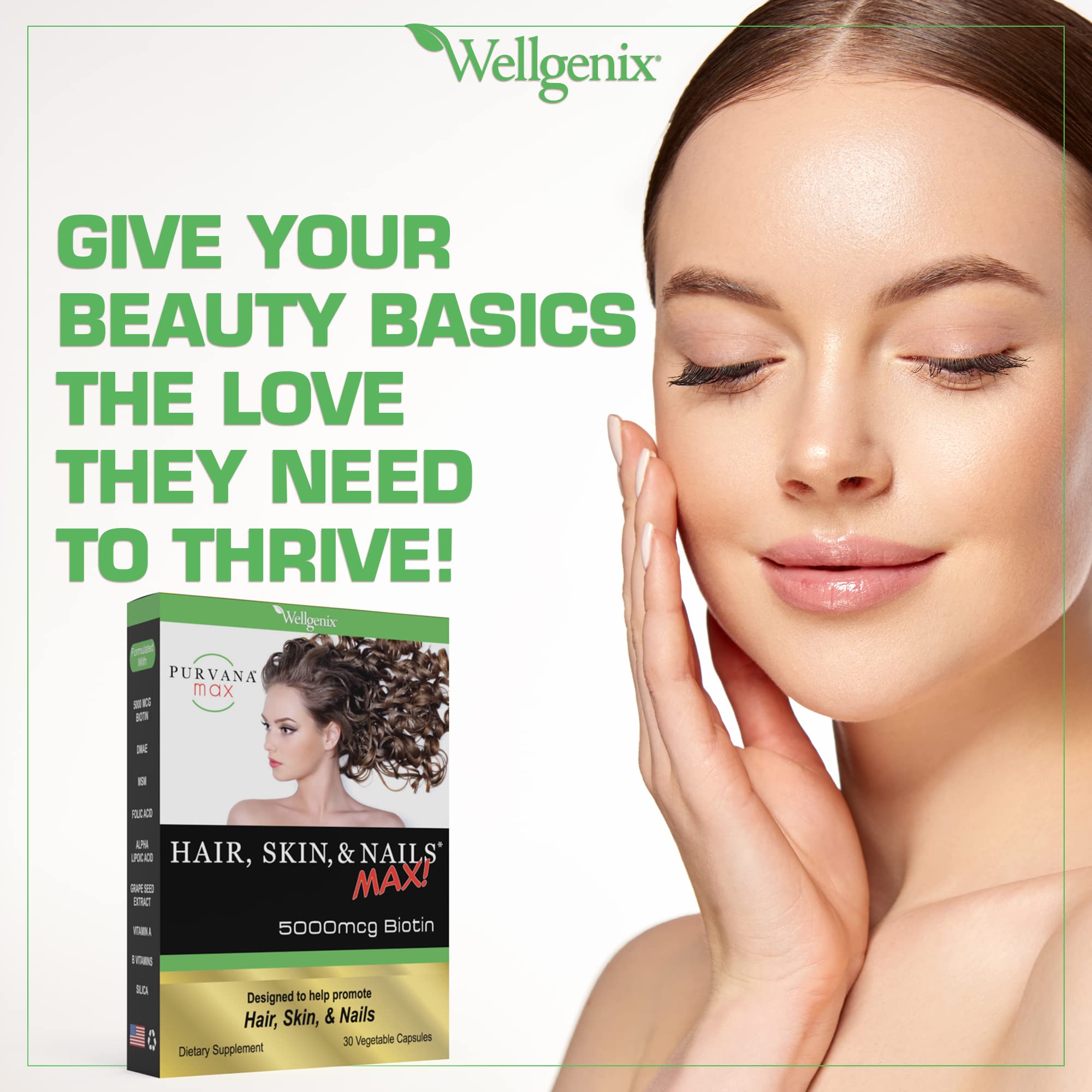 Purvana Max Hair, Skin & Nails Vitamin - 5000mcg Biotin, Vegan - Pack of 2 (30 Caps Each)