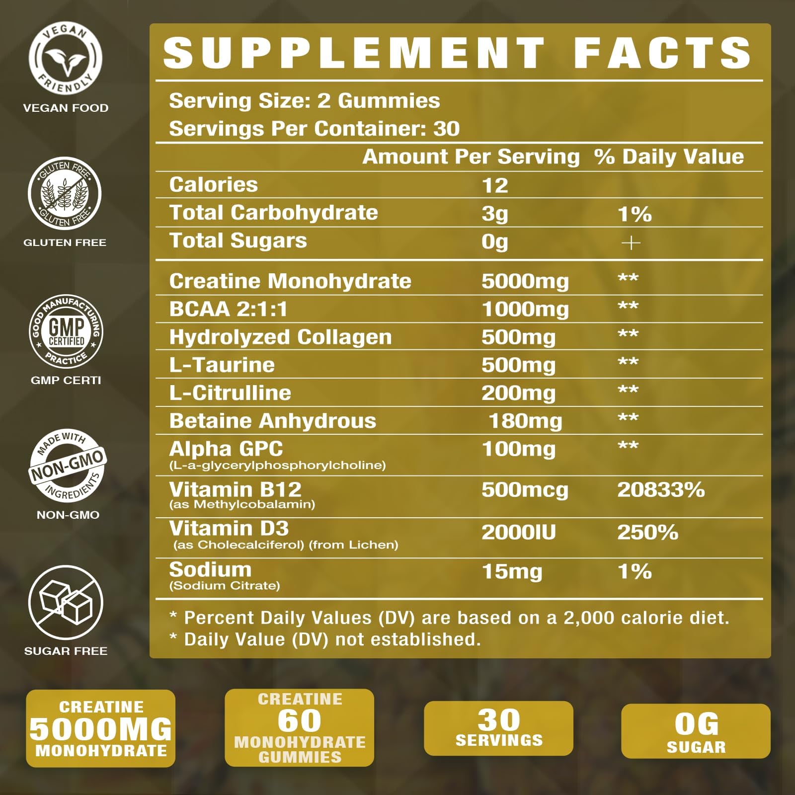 Putaojun Creatine Monohydrate with D3 & B12 - Sugar-Free Collagen & Creatine Gummies 120 Count