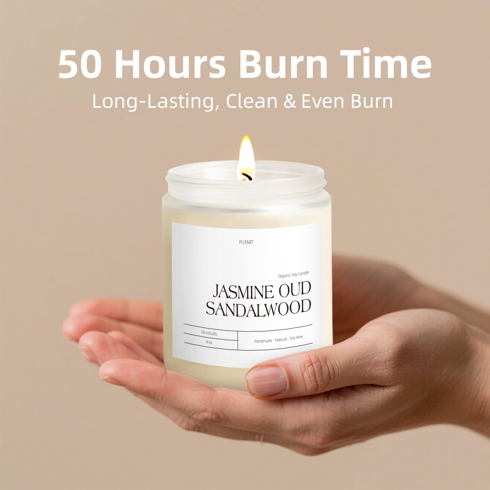 Putart Jasmine, Oud & Sandalwood Scented Candles - Natural Soy Wax, Non-Toxic Aromatherapy Gift (9oz White Glass Jar)
