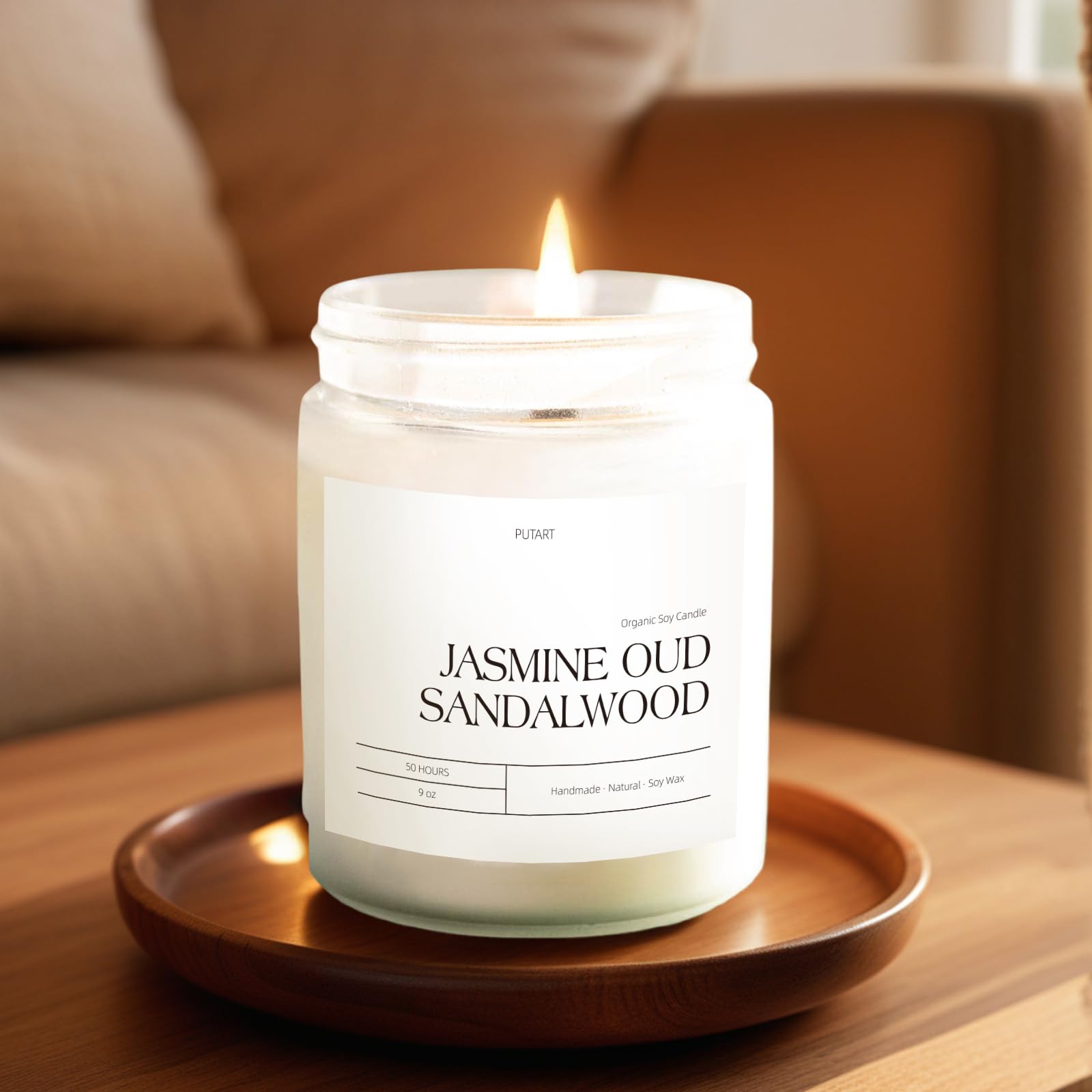Putart Jasmine, Oud & Sandalwood Scented Candles - Natural Soy Wax, Non-Toxic Aromatherapy Gift (9oz White Glass Jar)