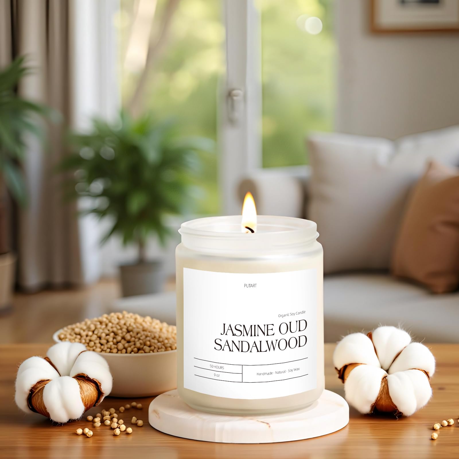 Putart Jasmine, Oud & Sandalwood Scented Candles - Natural Soy Wax, Non-Toxic Aromatherapy Gift (9oz White Glass Jar)