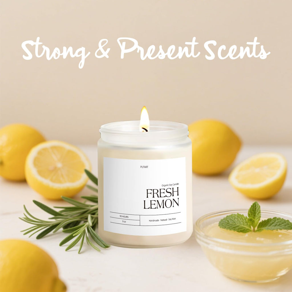 Putart Fresh Lemon 9oz Natural Soy Candle - Aromatherapy, Non-Toxic, White Jar