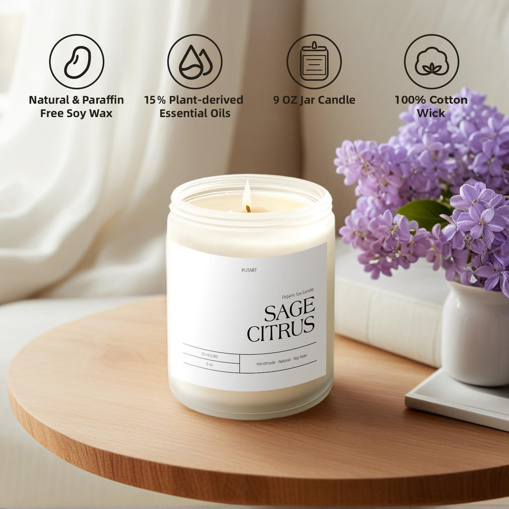 Putart Sage Citrus Soy Candle – 9oz, Non-Toxic, Long-Lasting Aroma, Luxury Gift Jar