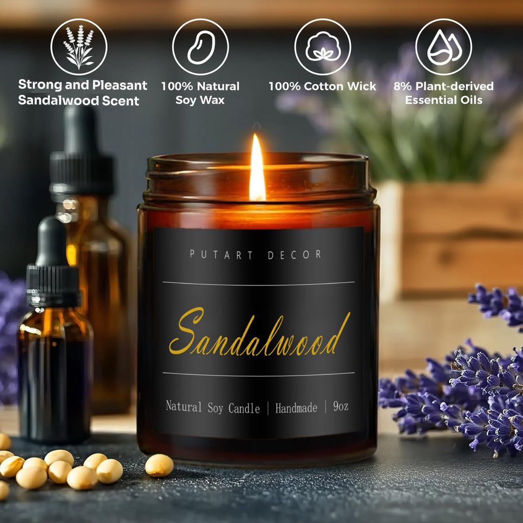 Putart Sandalwood Scented Candles – 9oz Natural Soy Wax Jar Candle
