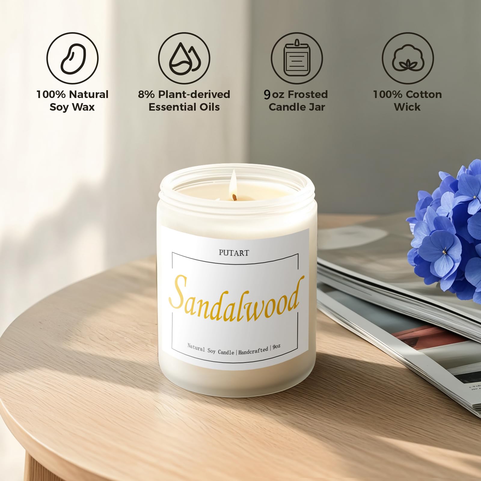 Putart Sandalwood Scented Candles – 9oz Soy Wax Aromatherapy Jar Candle, Non-Toxic