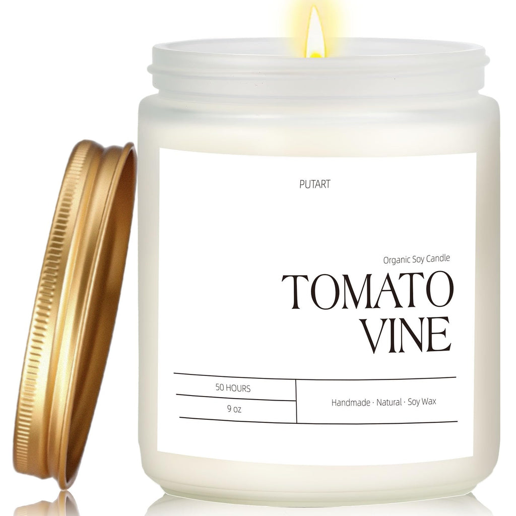 Putart Tomato Vine Candle – Natural Soy Wax Aromatherapy 9oz | Non-Toxic, Stress-Relief Jar