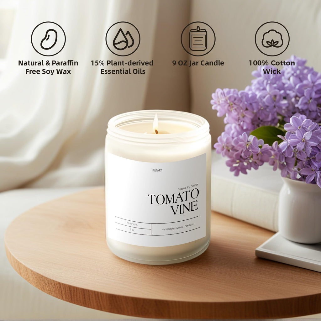 Putart Tomato Vine Candle – Natural Soy Wax Aromatherapy 9oz | Non-Toxic, Stress-Relief Jar