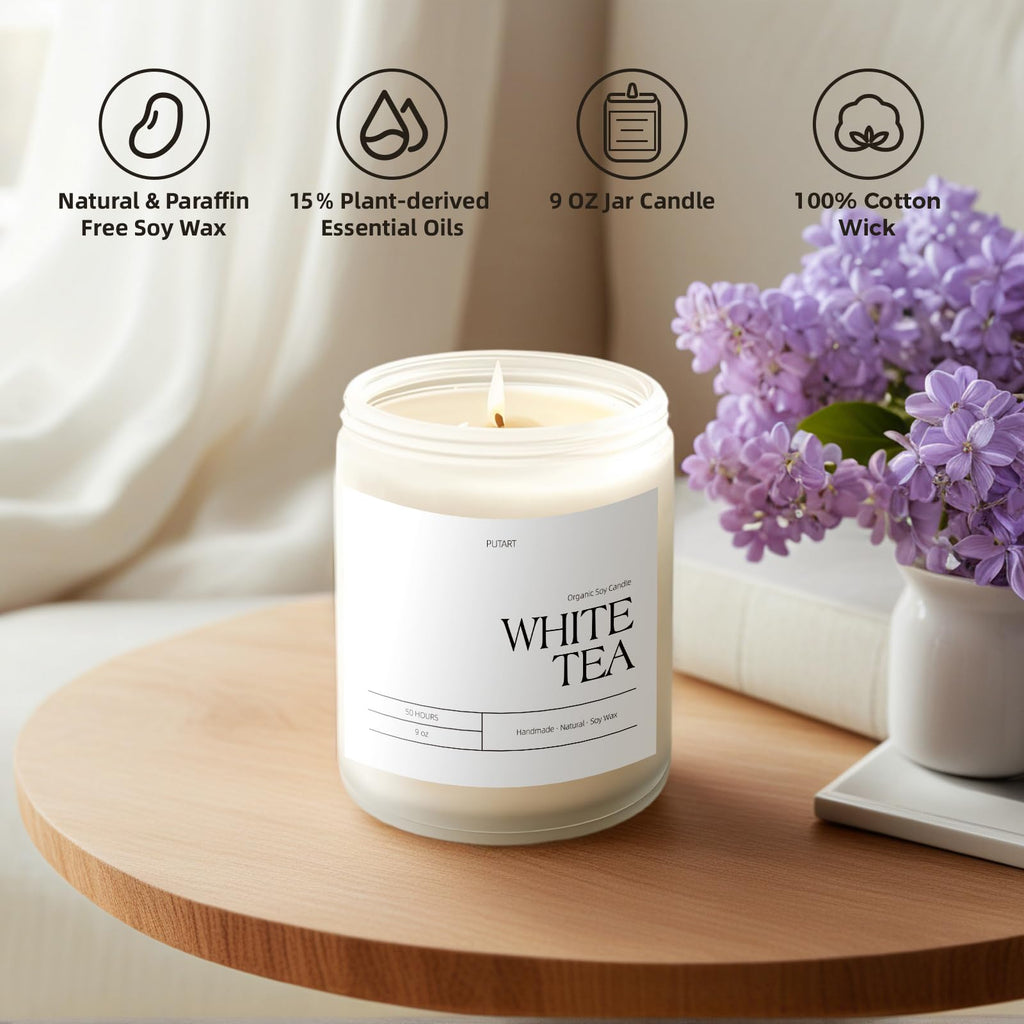 Putart White Tea Candles – Natural Soy Wax Aromatherapy Jar Candle 9oz