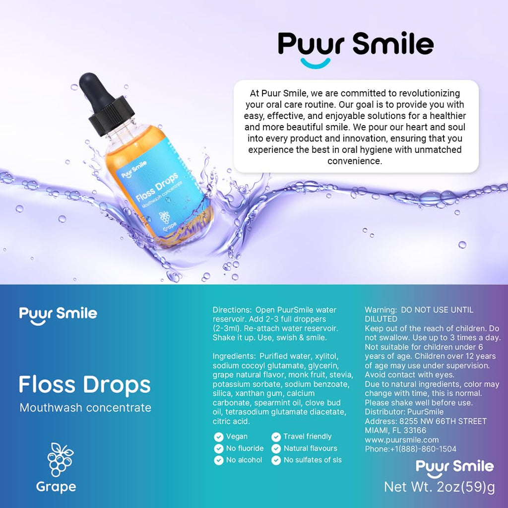 Puur Smile Floss Drop Serum – Grape Flavor Mouthwash for Water Flosser | 2oz
